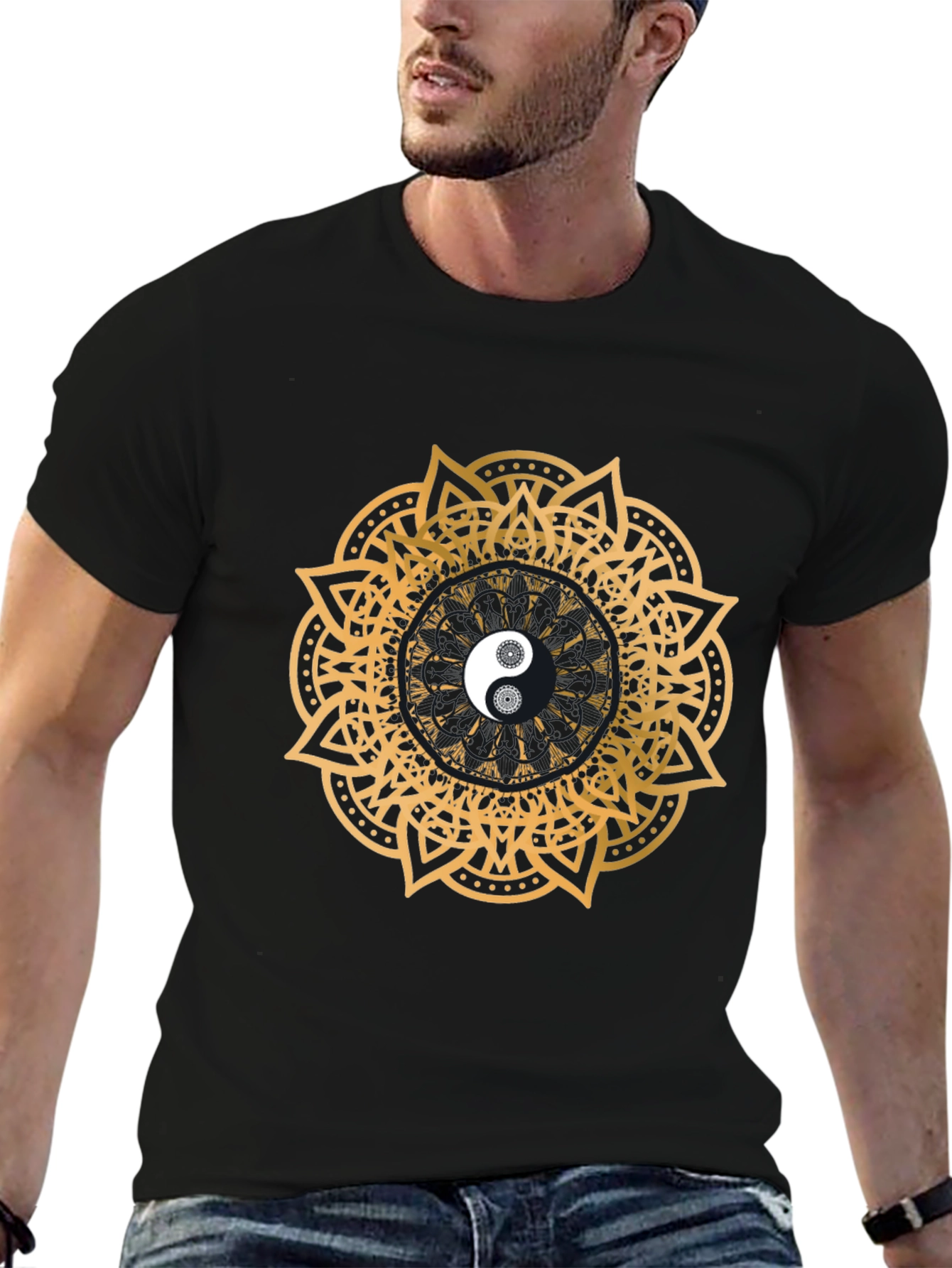 Black Yin Yang Mandala Graphic Black T-Shirt view 6