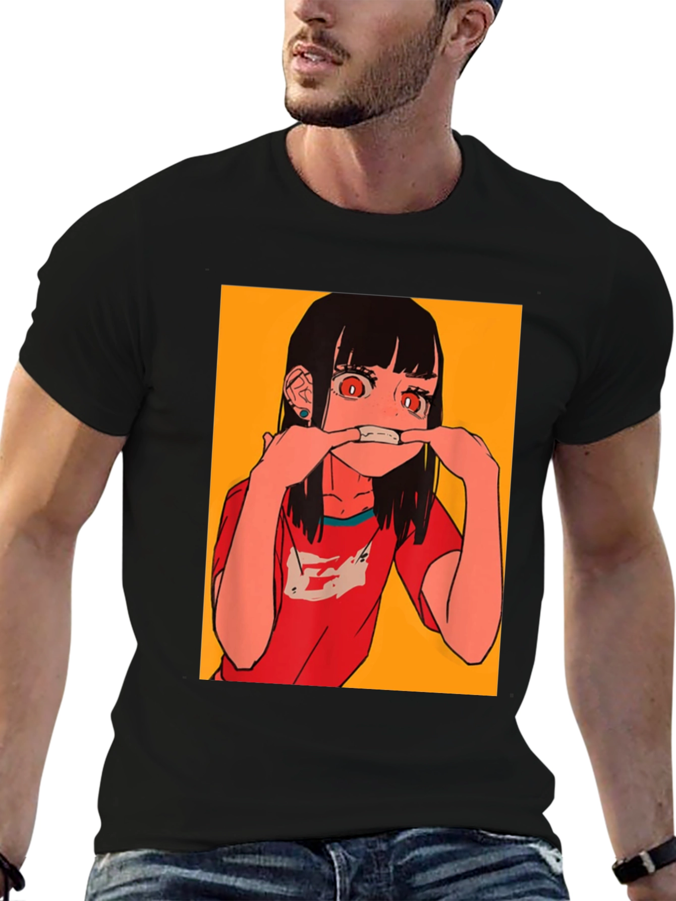 Black Anime Girl Graphic Tee - Black Cotton Blend T-Shirt view 6