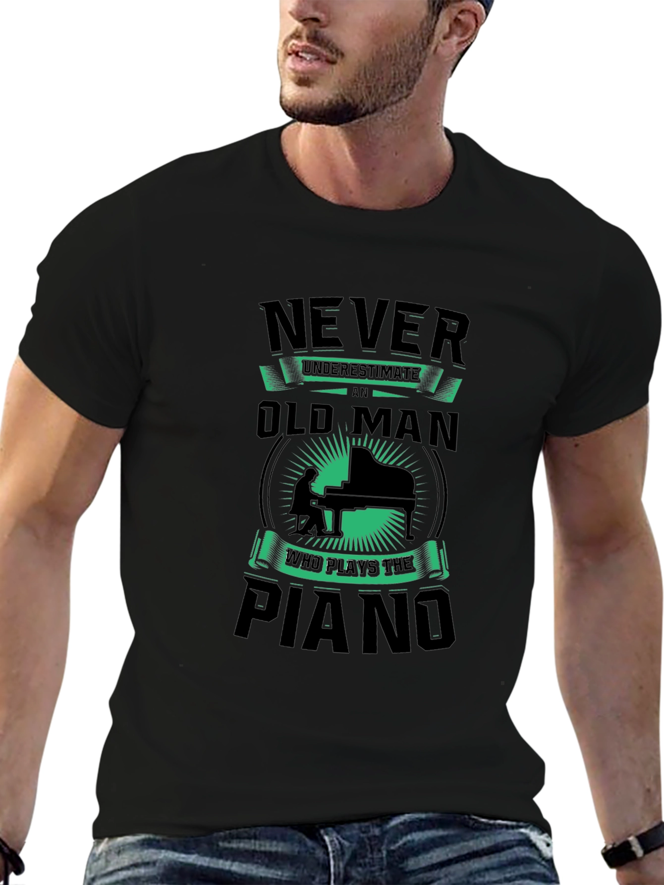 Black Never Underestimate Old Man Piano T-Shirt view 6