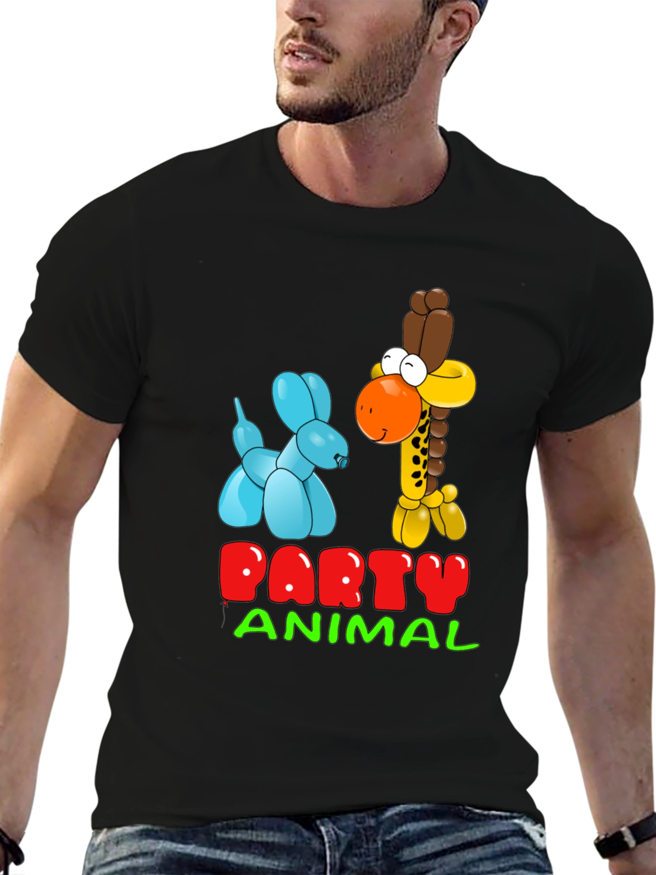 Black Party Animal T-Shirt with Balloon Giraffe and Dog Design view 6