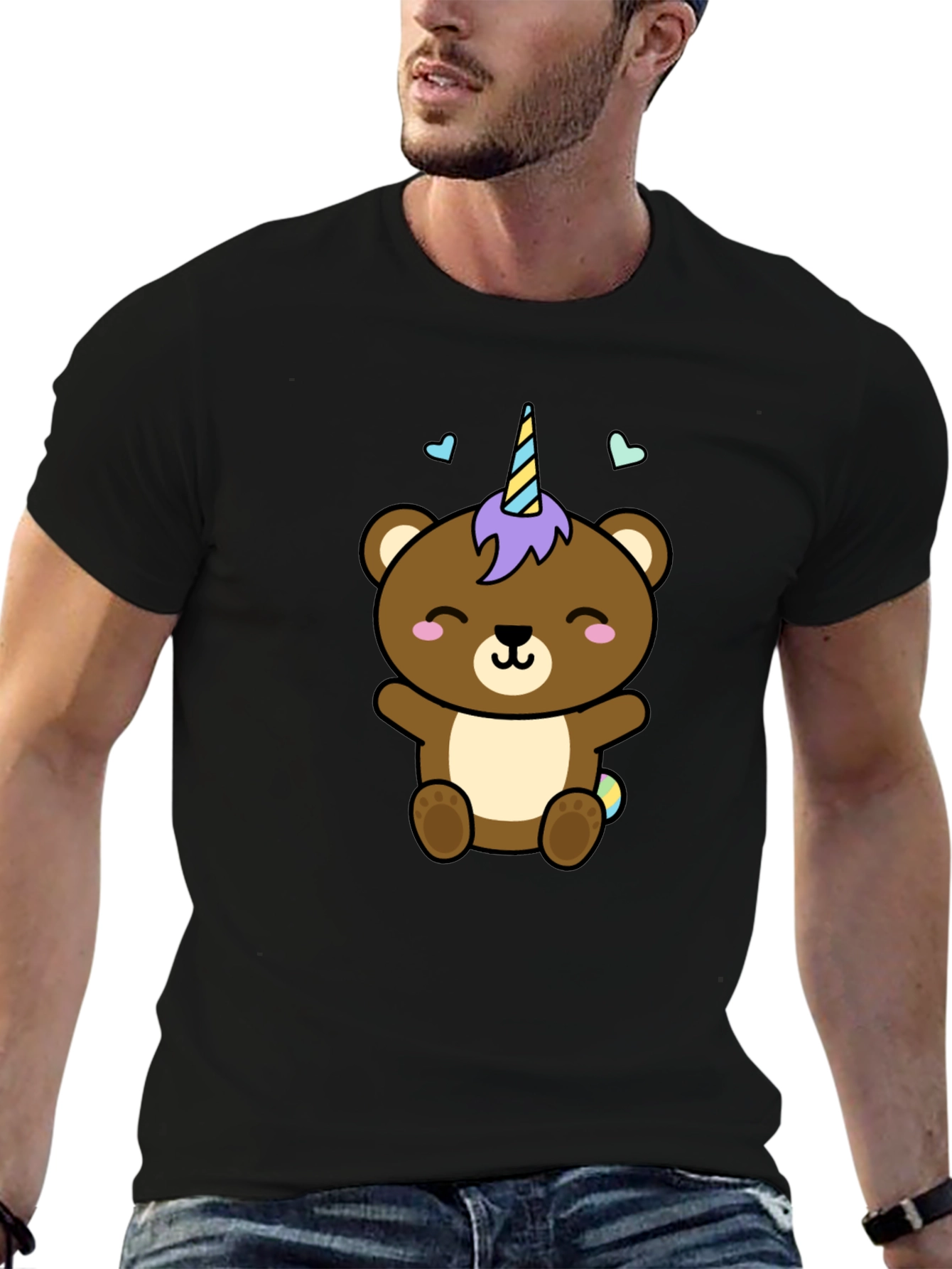 Black Cute Unicorn Bear Black T-Shirt view 6