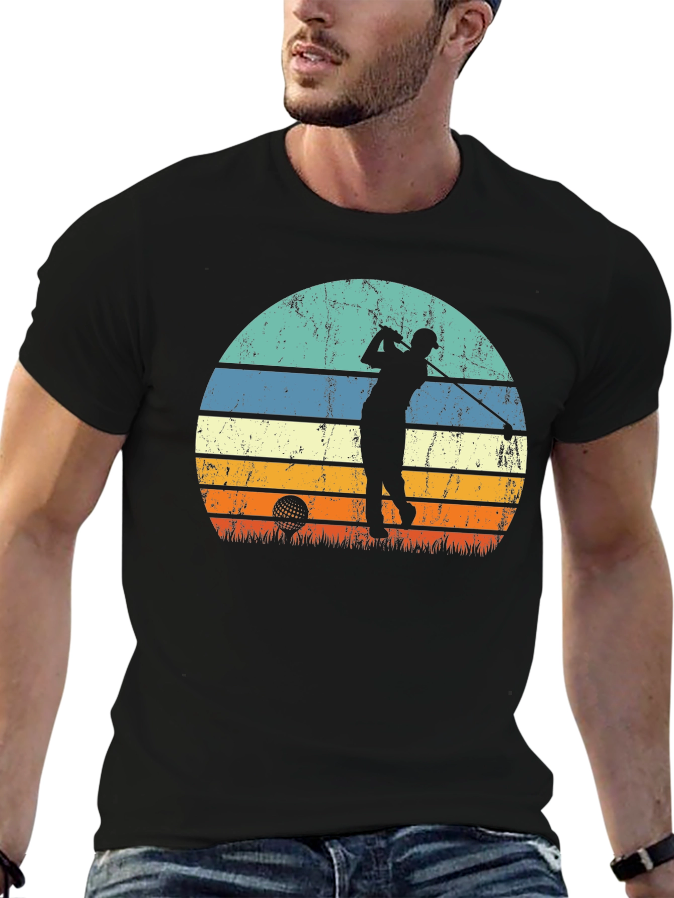 Black Retro Golf Sunset Tee - Black Graphic T-Shirt view 6