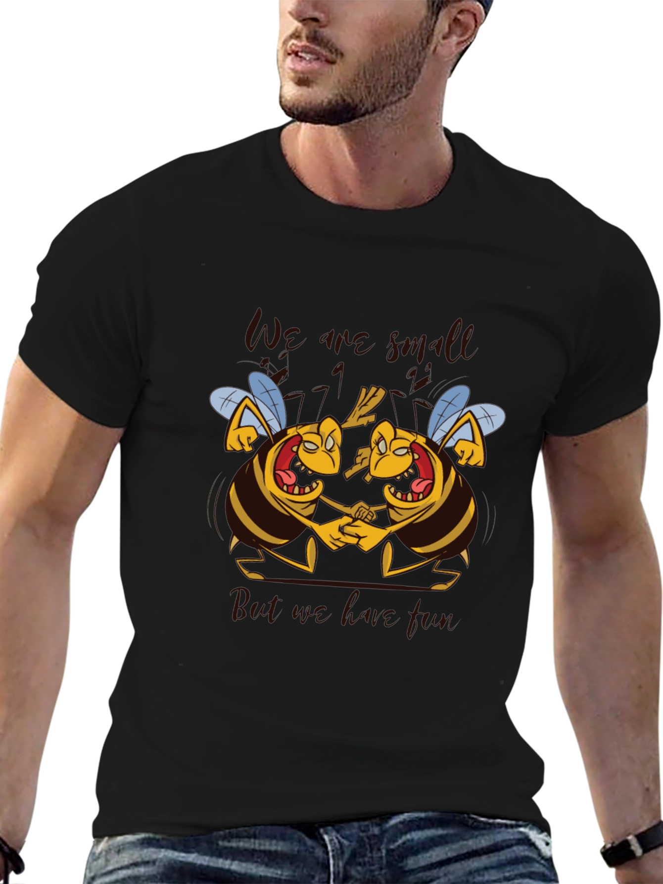 Black Cartoon Bee Graphic Tee - We are Small But We are Free T-Shirt view 6