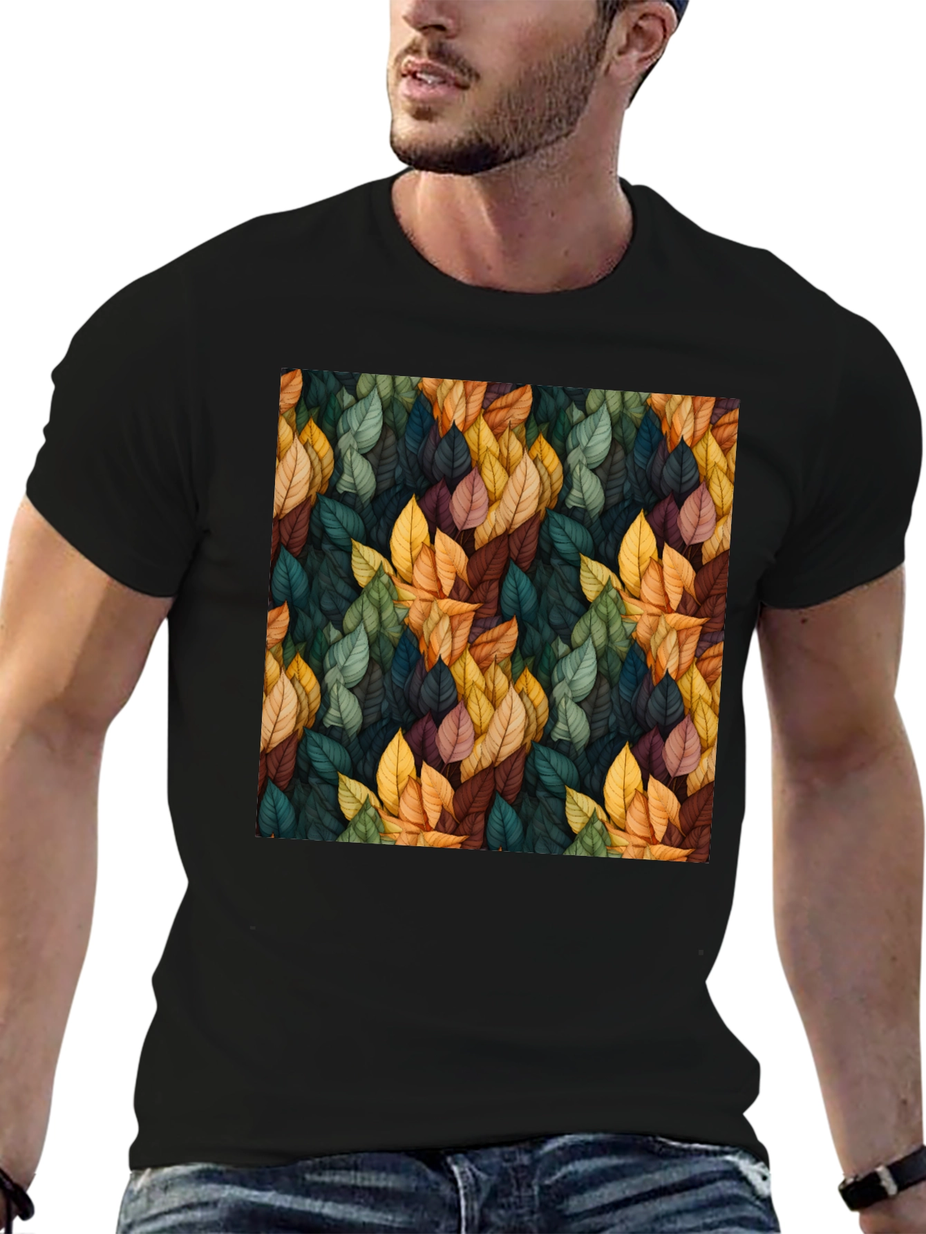 Black Autumn Leaf Pattern Black T-Shirt view 6