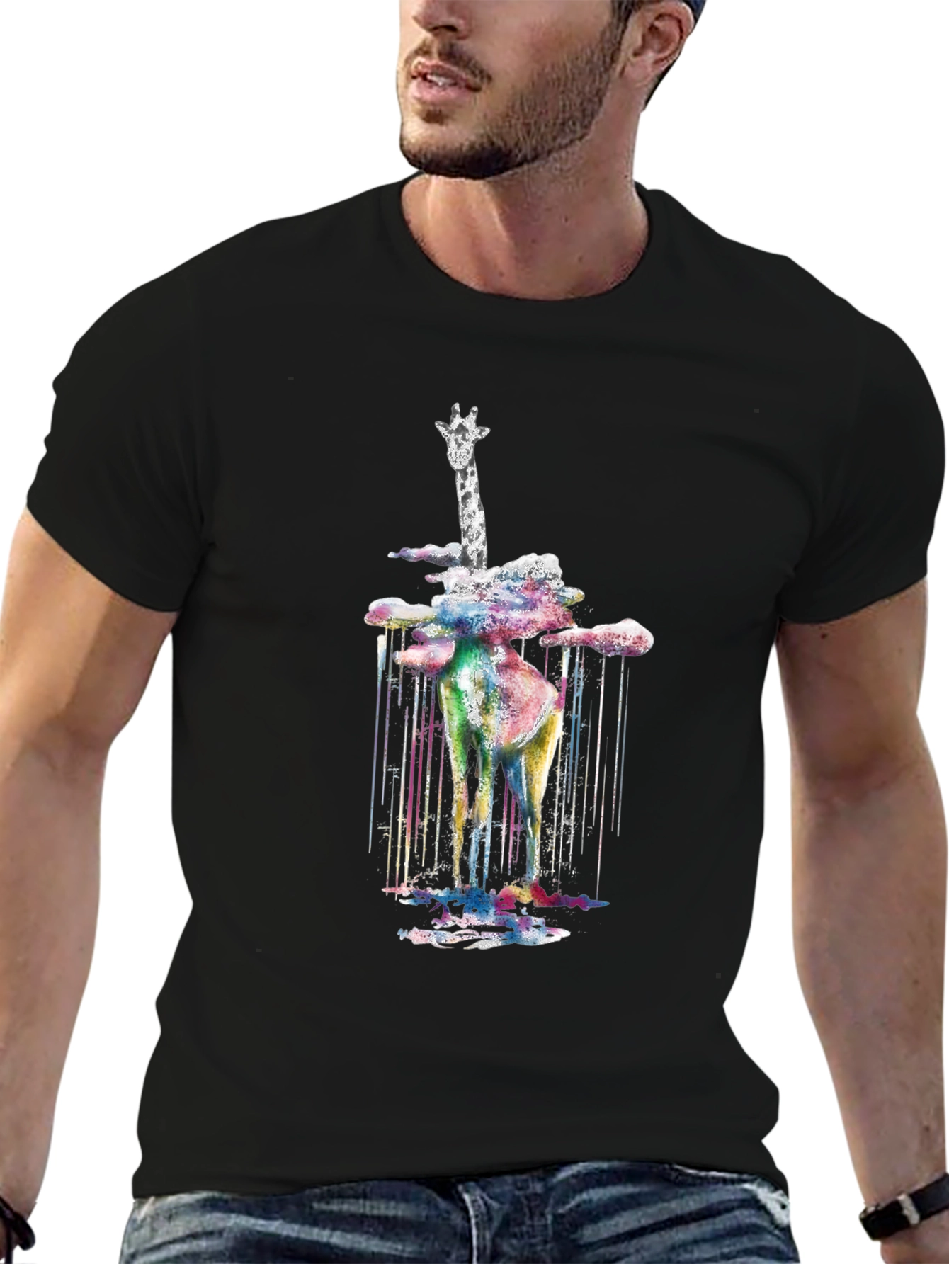 Black Watercolor Giraffe Men's Black T-Shirt view 6
