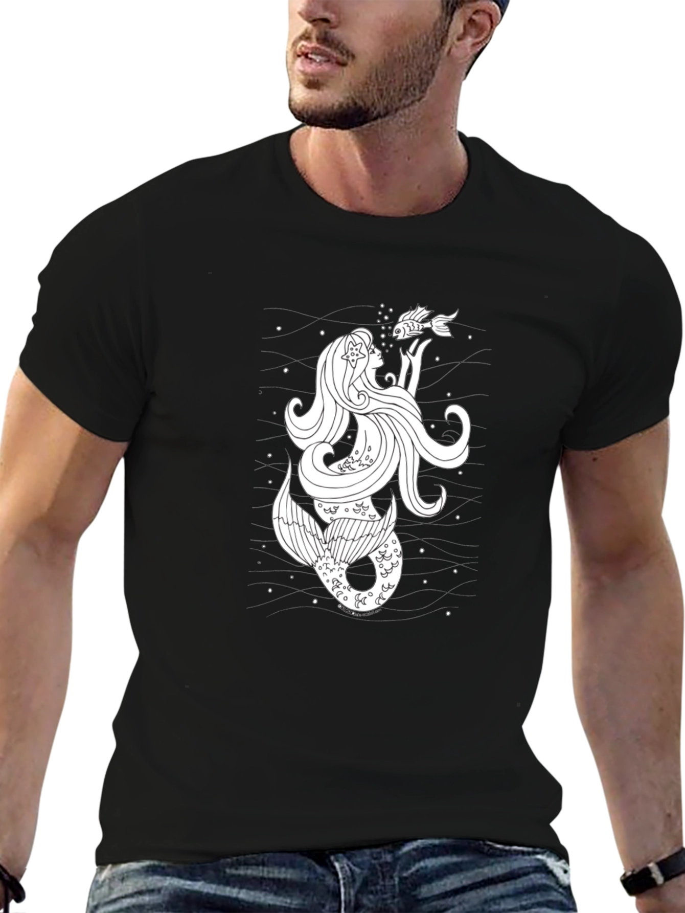 Black Mermaid & Fish Graphic T-Shirt - Black Cotton Tee view 6