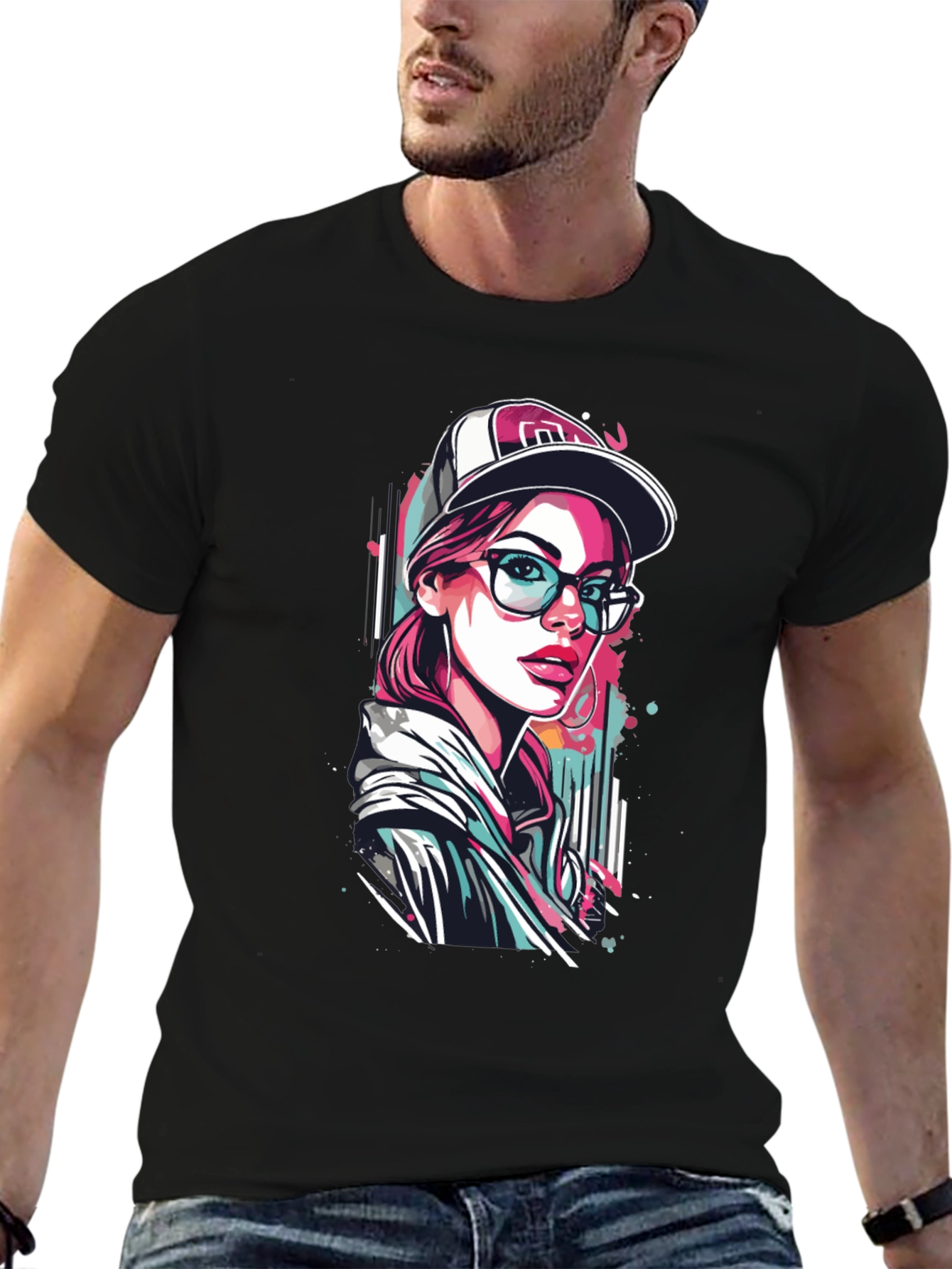 Black Stylish Woman Graphic Print Black T-Shirt view 6