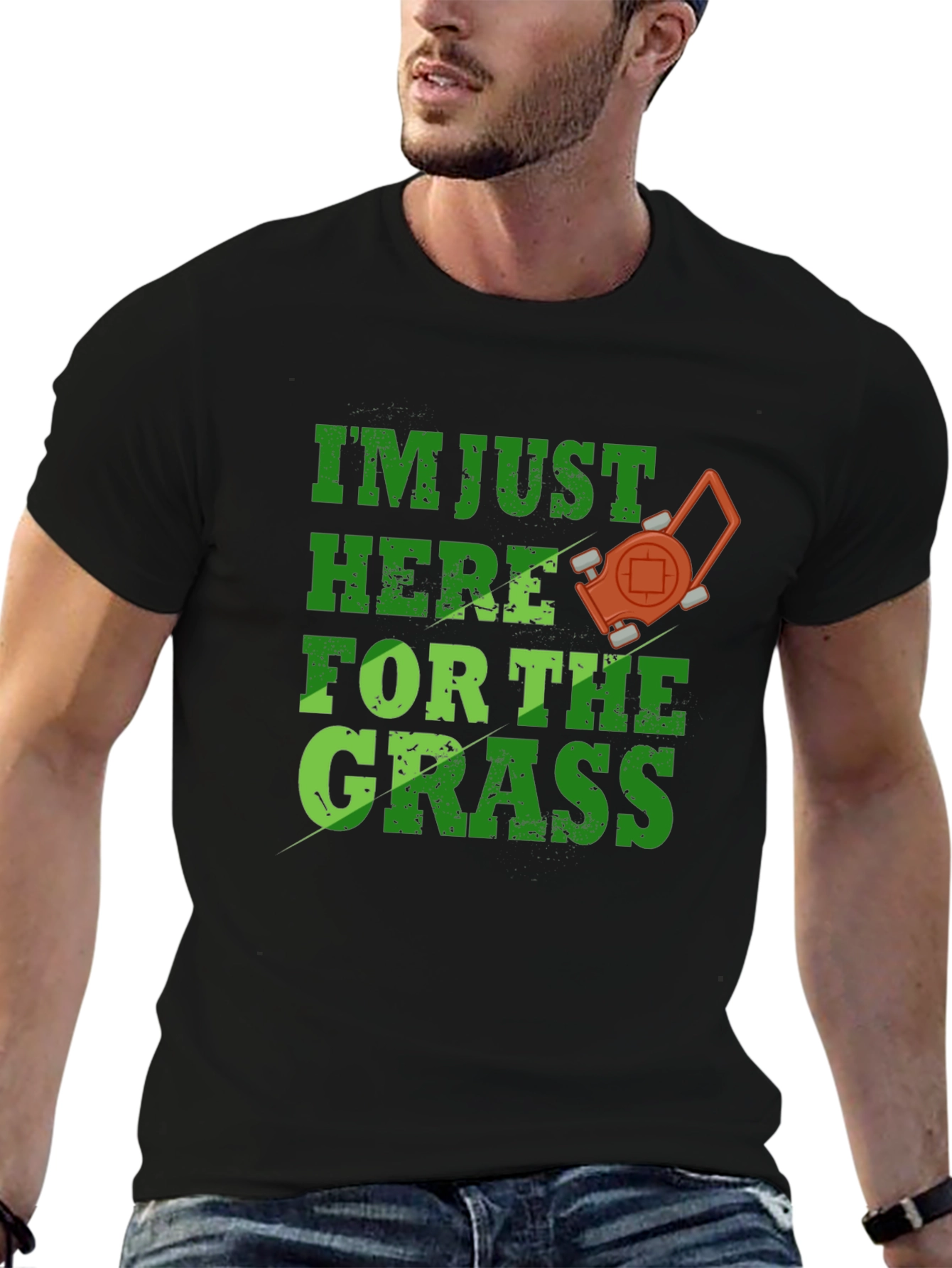 Black Funny Lawn Care T-Shirt - "Here for the Grass" view 6