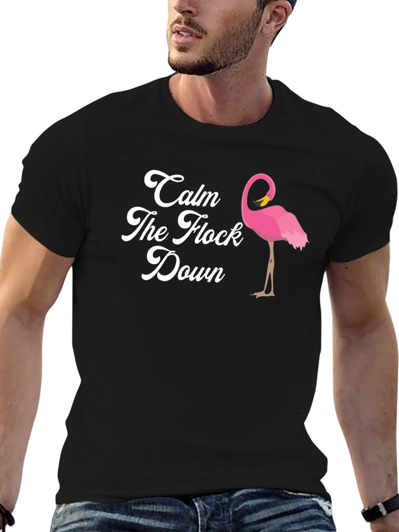 Black Calm The Flock Down T-Shirt, Funny Flamingo Tee view 6