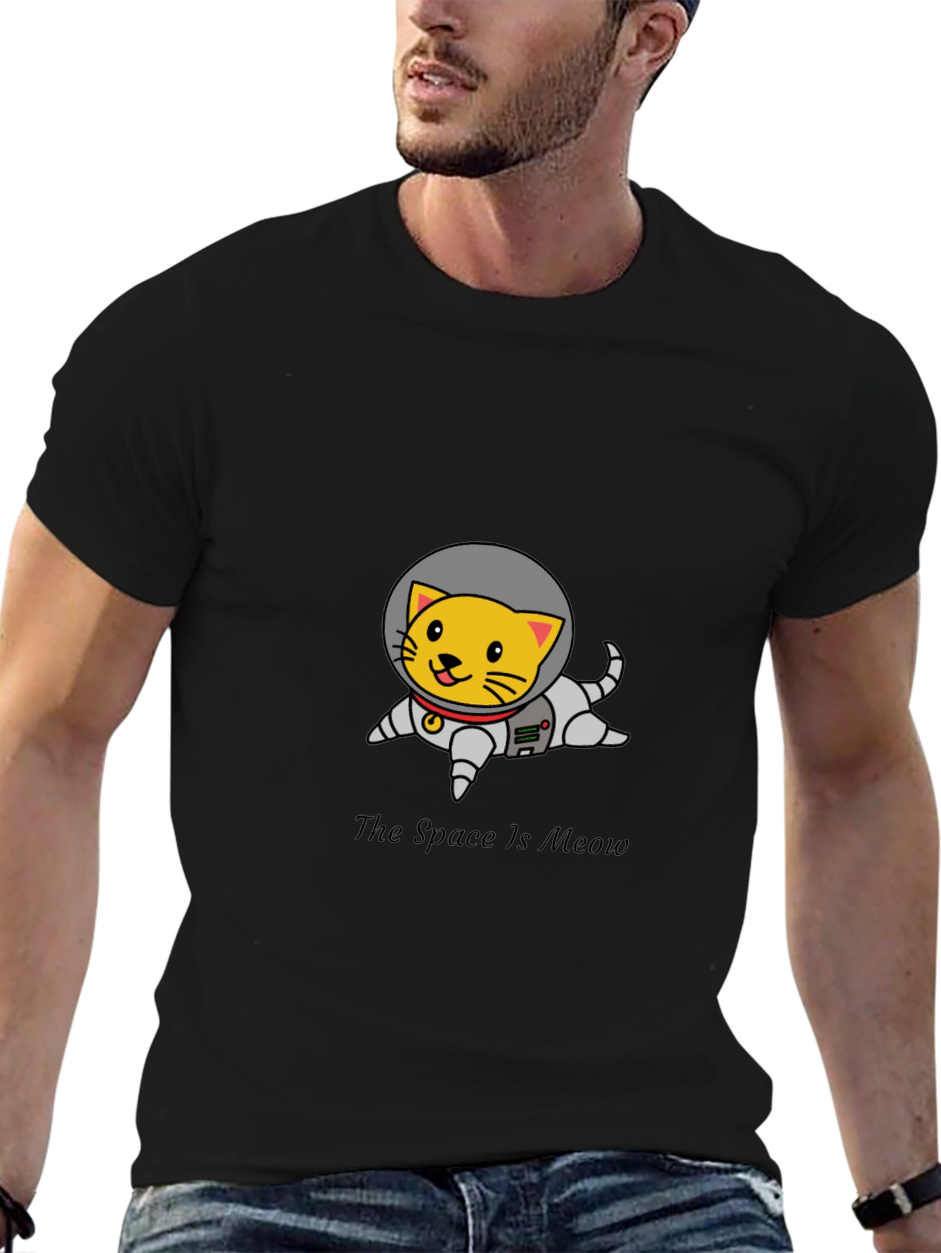 Black Space Cat T-Shirt - Meow in Space view 6