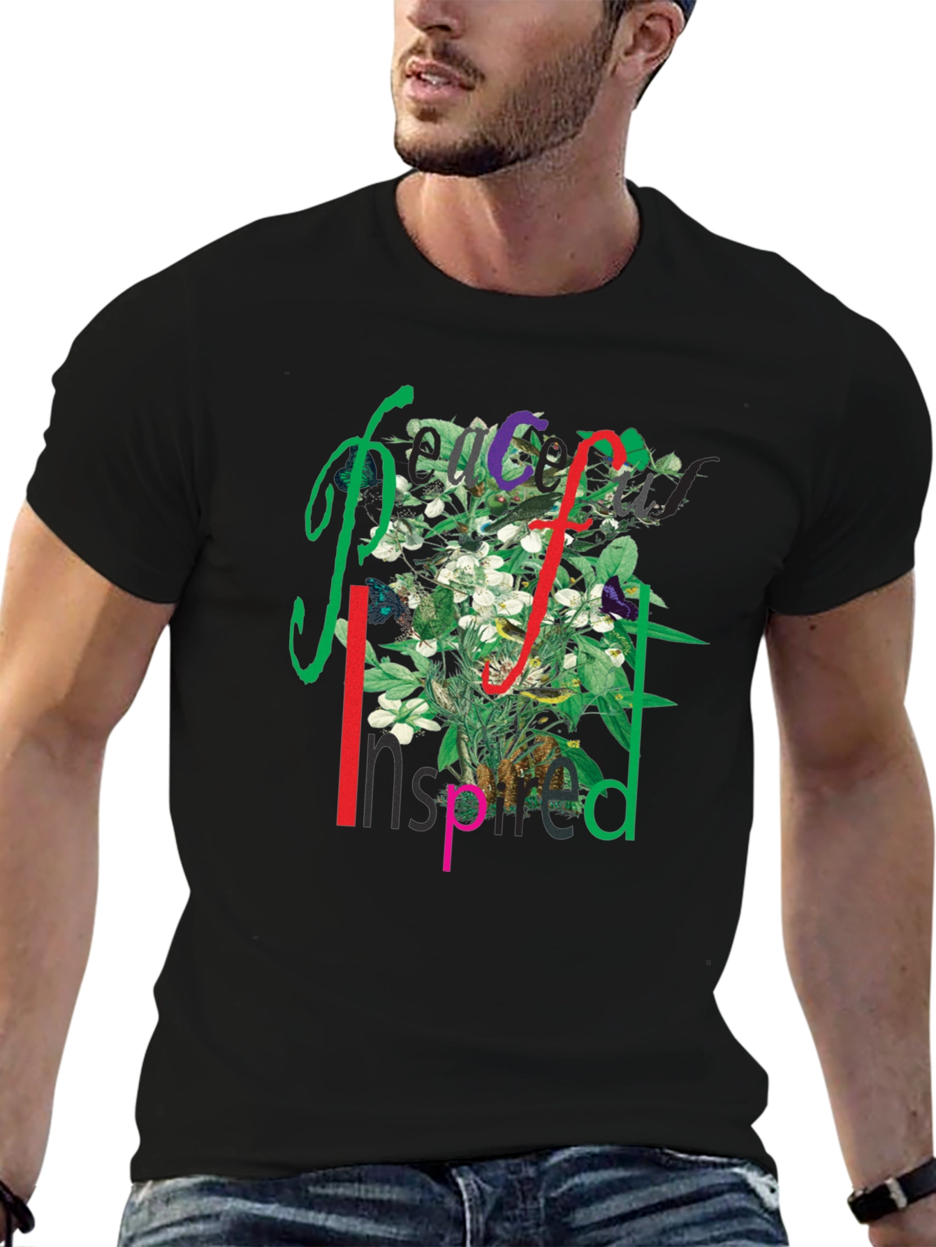 Black Peace Inspired Floral Graphic T-Shirt view 6