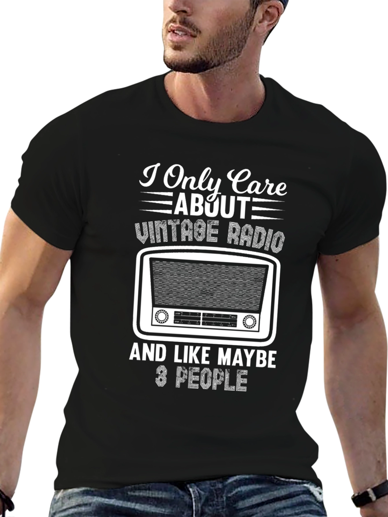 Black Vintage Radio T-Shirt - Only Care About 3 People view 6