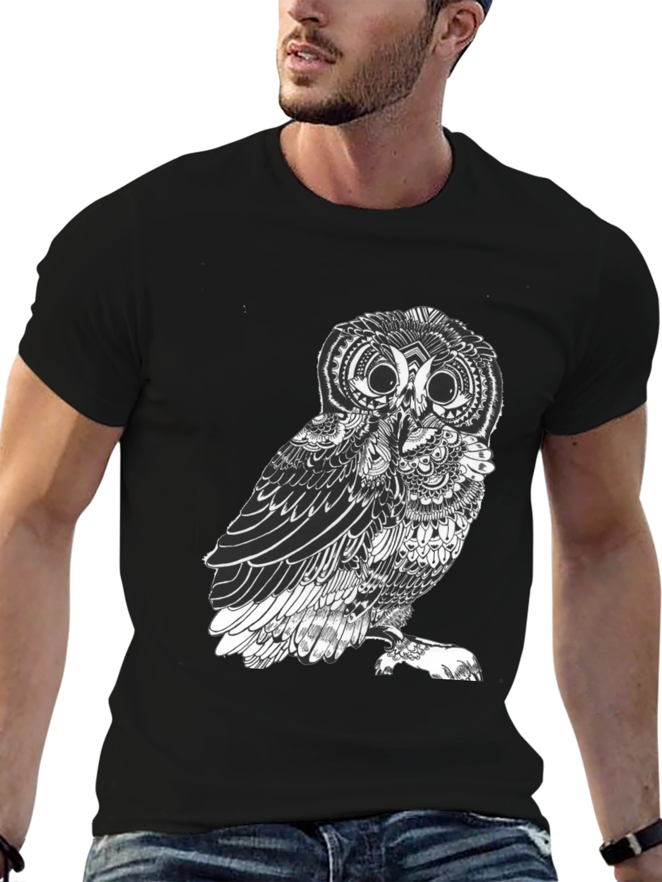 Black Men's Black Owl Graphic Tee - Unique Design view 6