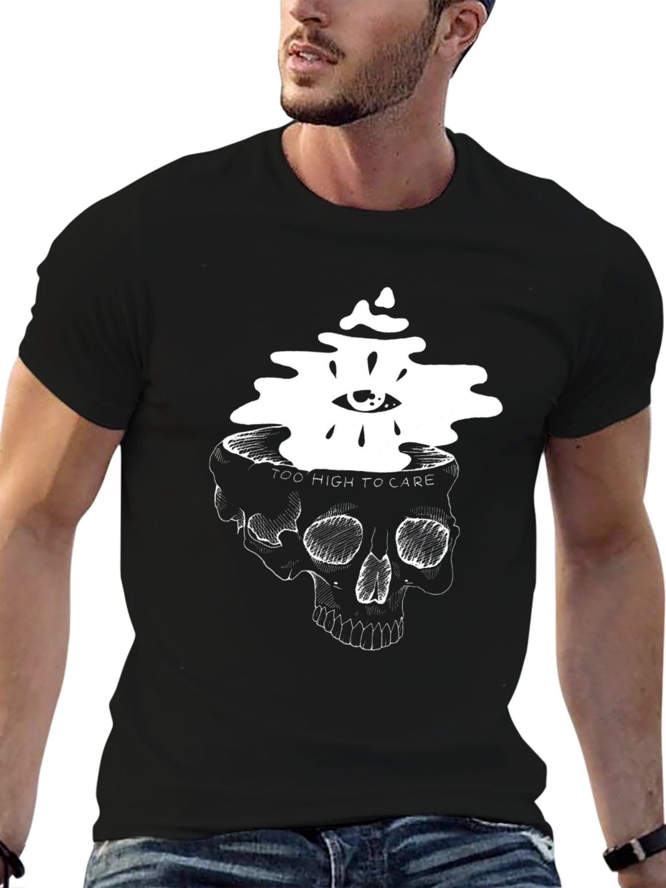 Black Skull Head T-Shirt: Too High to Care view 6