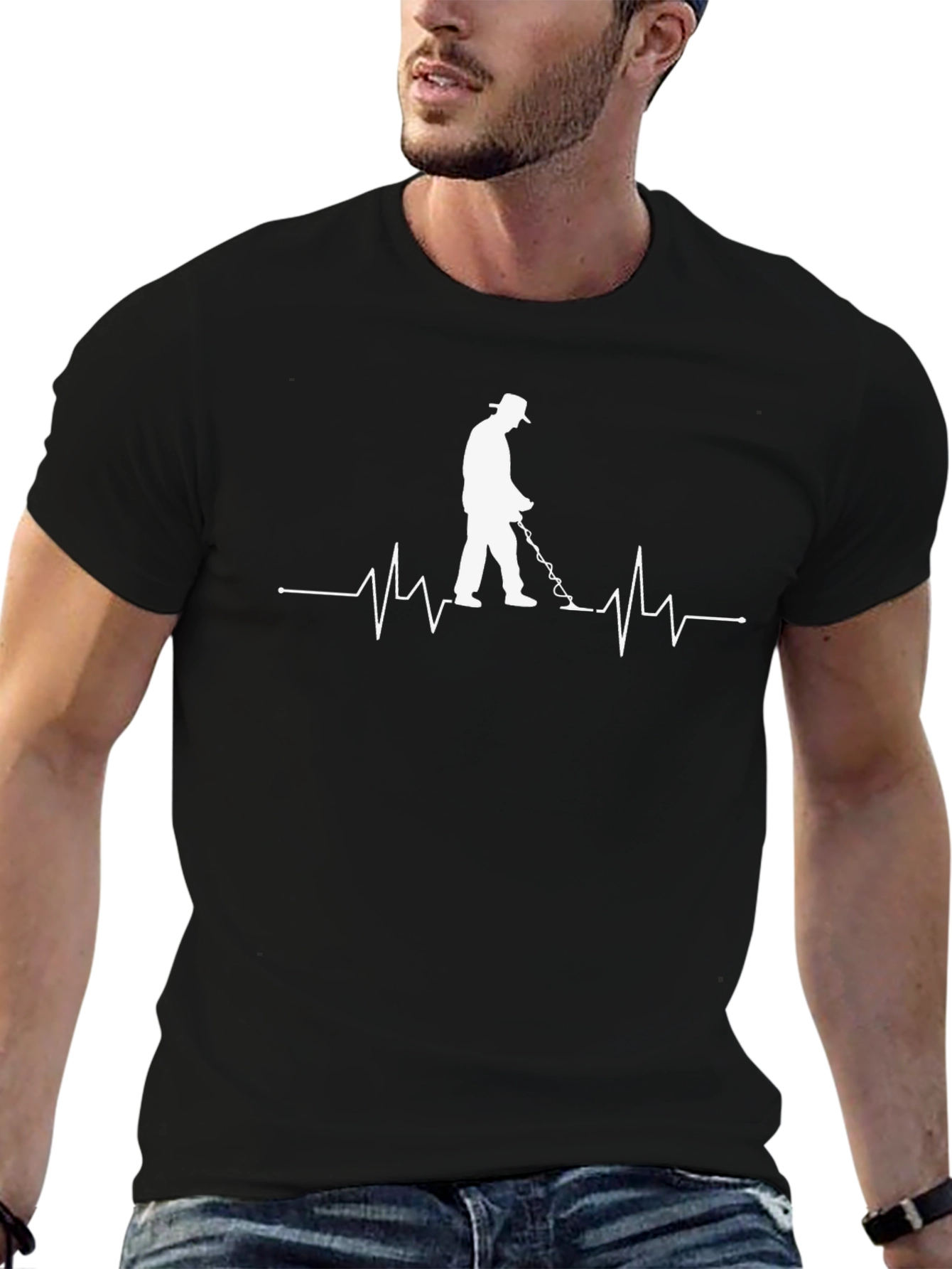 Black Metal Detecting Heartbeat T-Shirt view 6