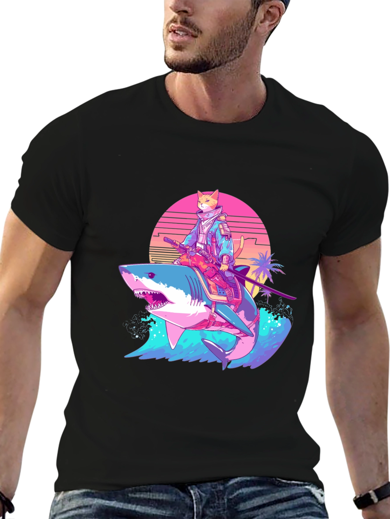 Black Cat Samurai Riding Shark T-Shirt view 6