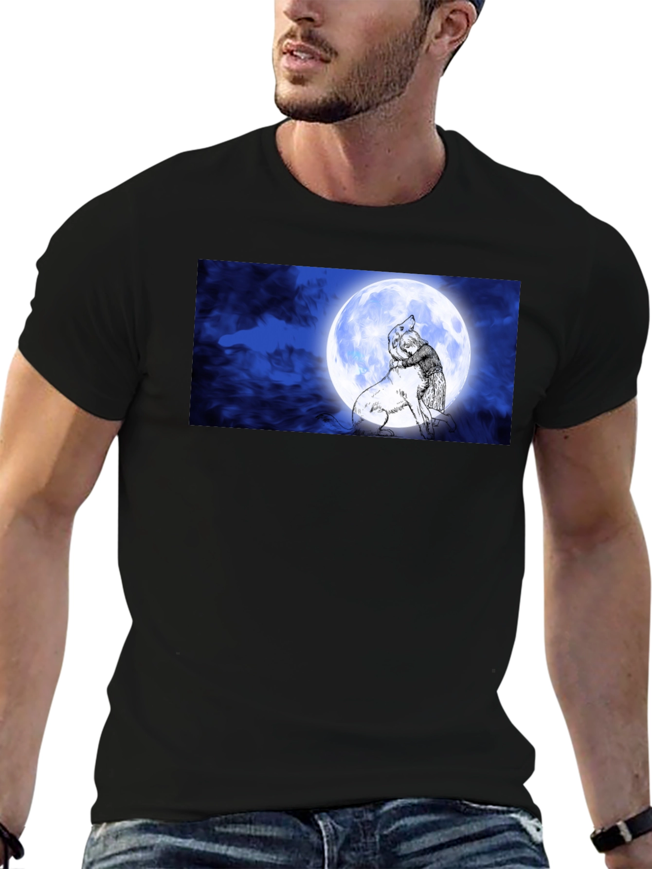 Black Moonlit Embrace T-Shirt: Man & Wolf Design view 6