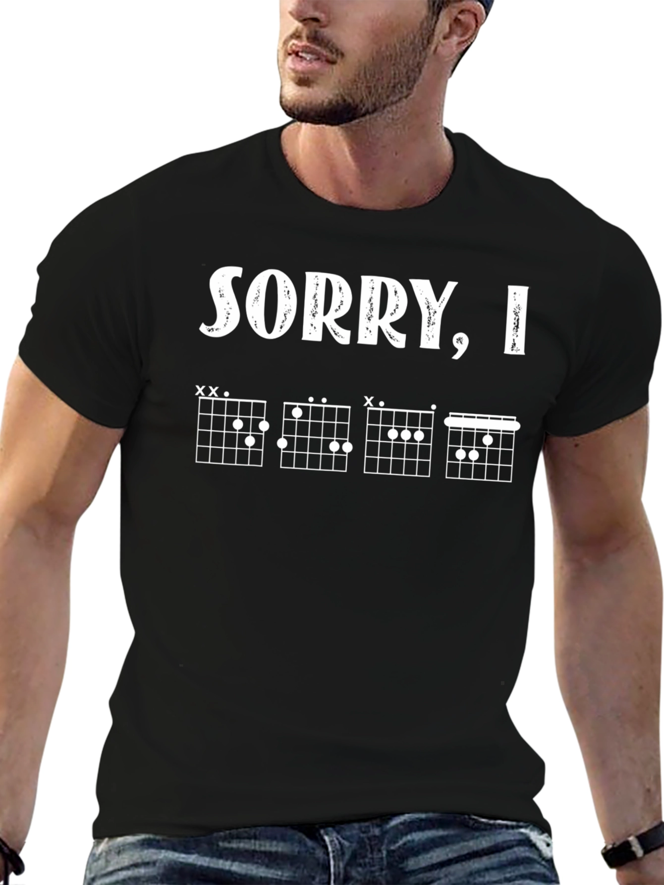 Black Sorry, I'm Busy Guitar Chords Funny Black T-Shirt view 6