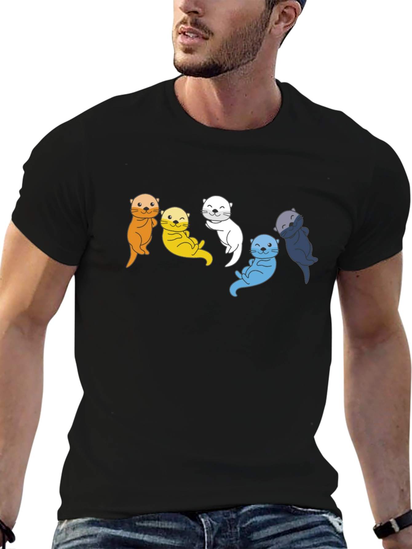 Black Colorful Otter Group Graphic Tee - Black Cotton T-Shirt view 6
