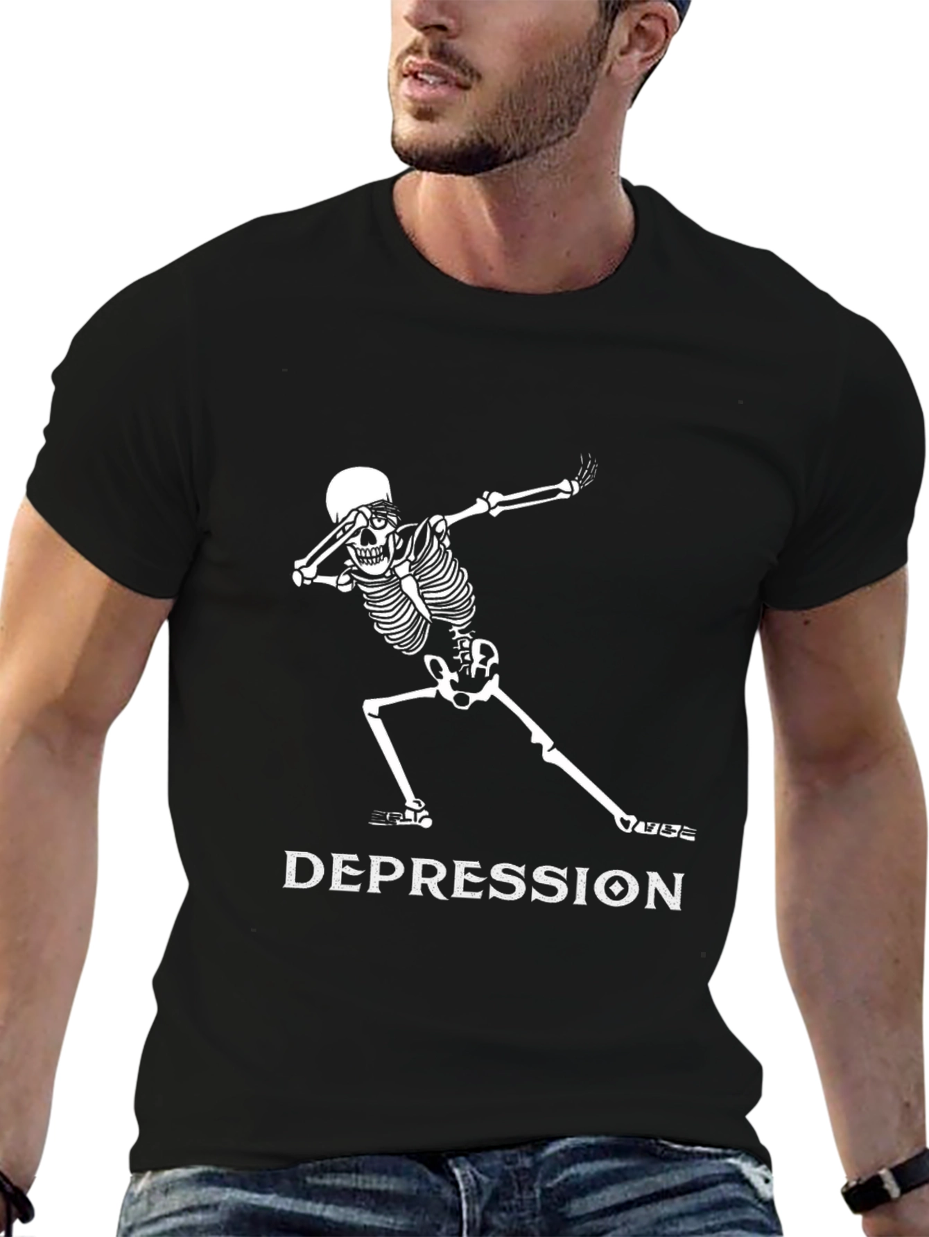 Black Dabbing Skeleton Depression T-Shirt - Unisex Graphic Tee view 6