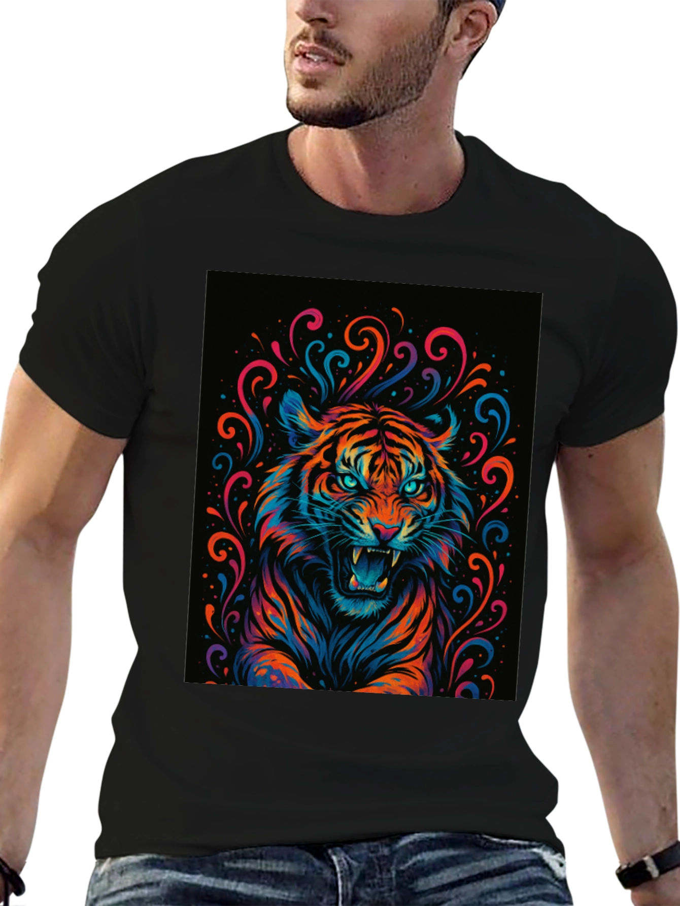 Black Vibrant Tiger Graphic Tee - Bold Statement Shirt view 6