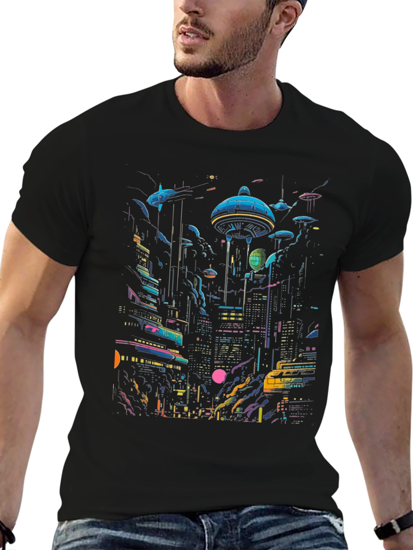 Black Neon Cityscape Graphic Tee - Retro Future Design view 6
