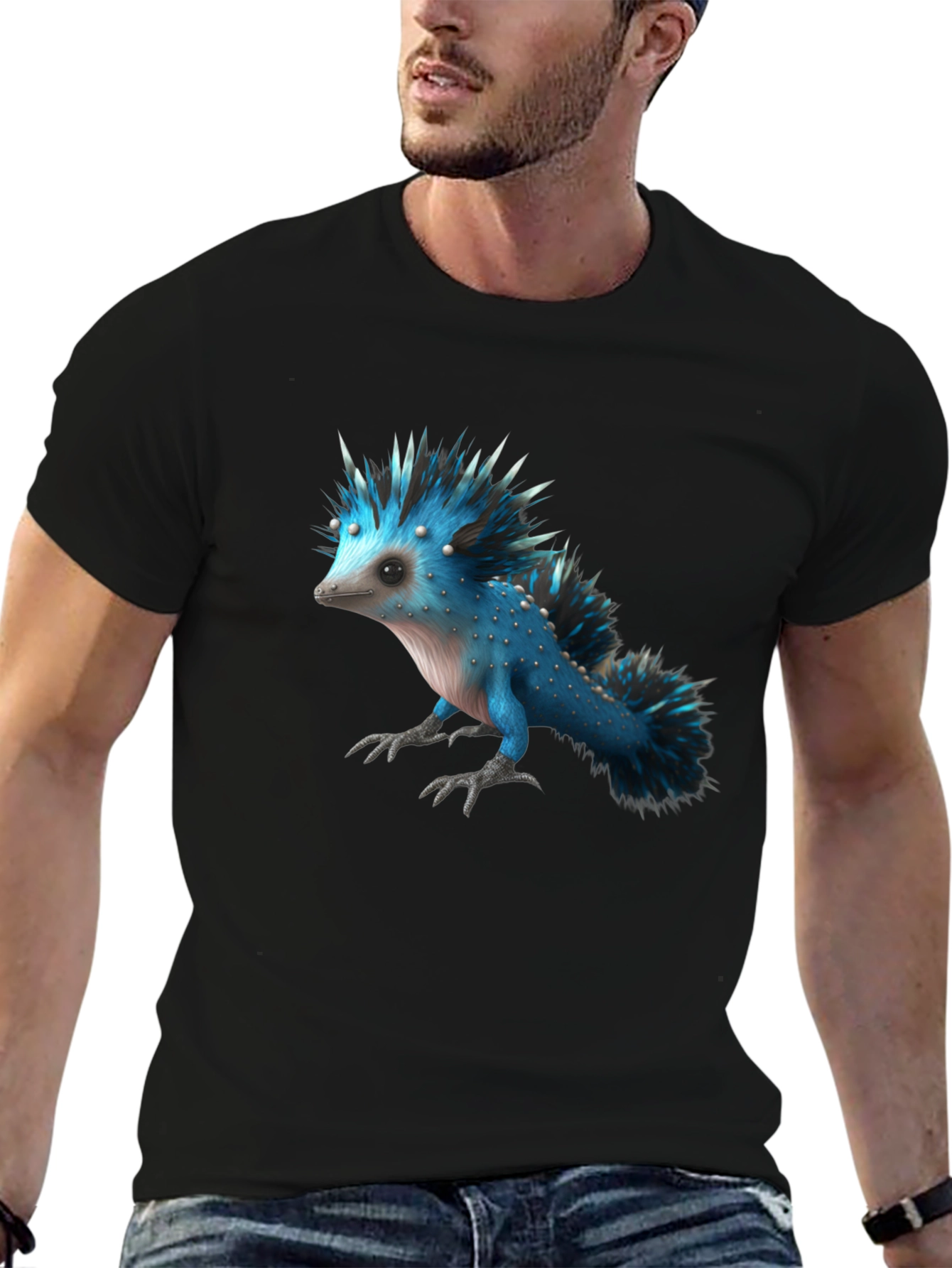 Black Men's Black T-Shirt with Blue Creature Graphic view 6