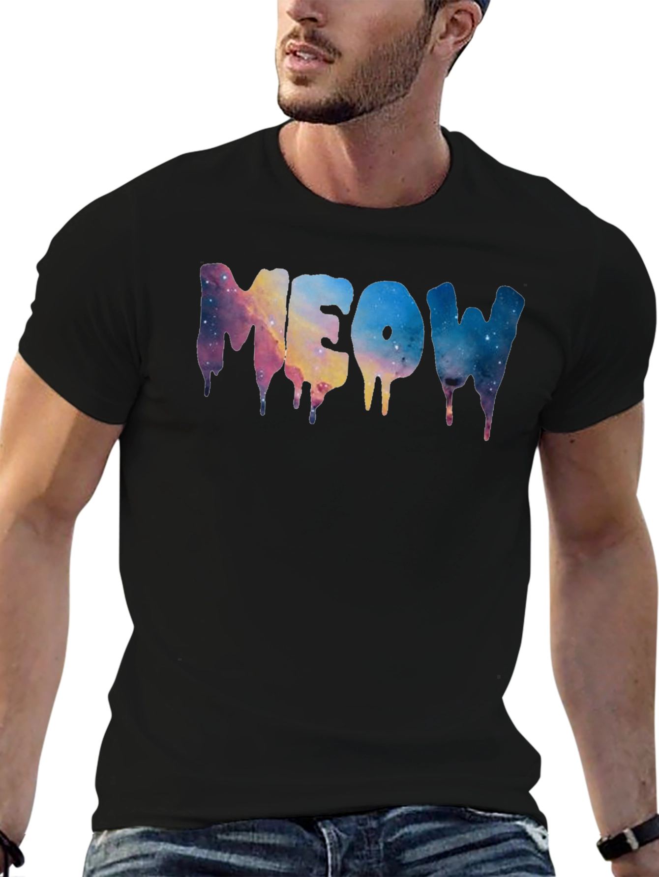 Black Meow Galaxy Drip Black T-Shirt view 6