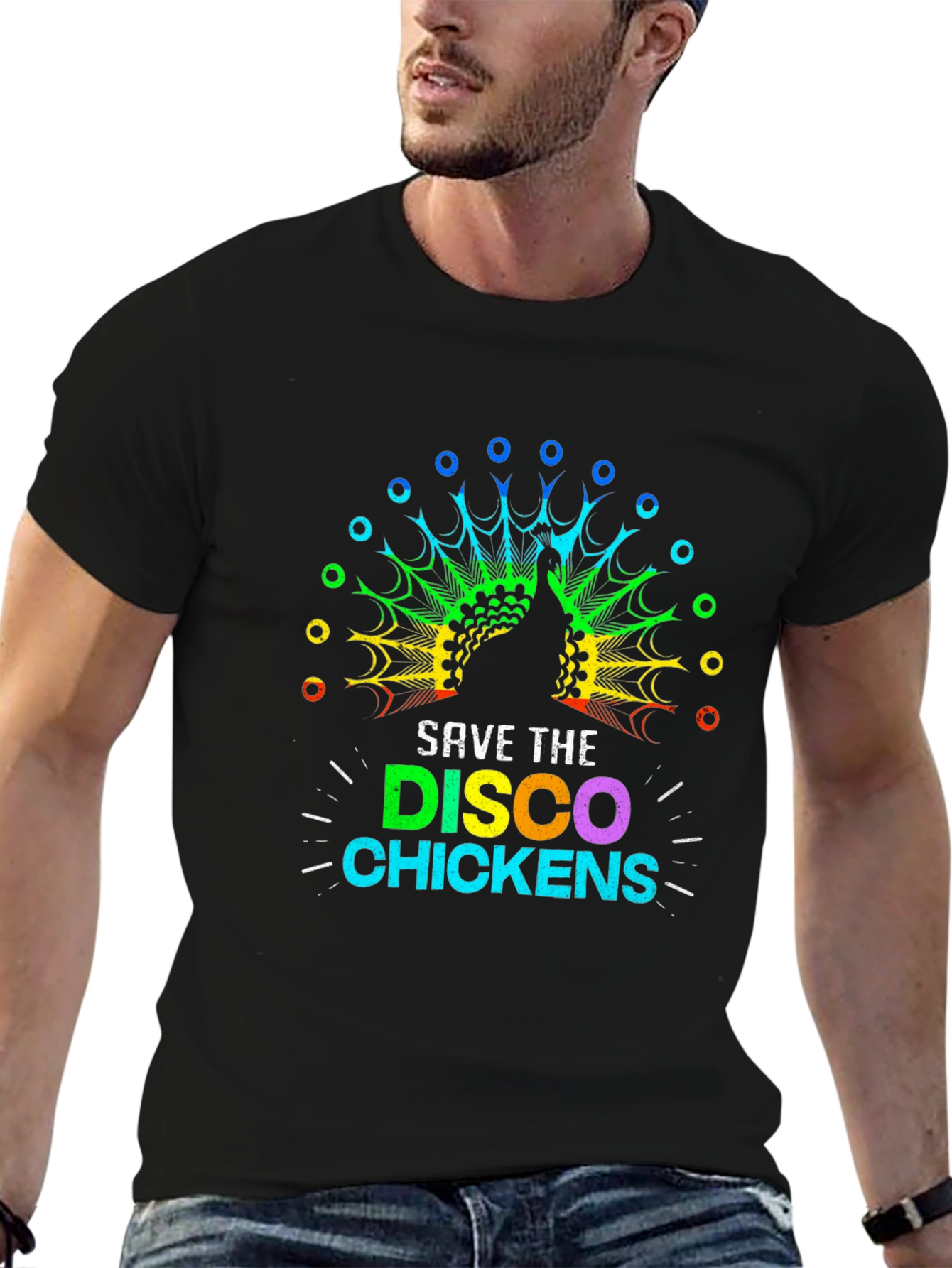 Black Save The Disco Chickens T-Shirt - Rainbow Peacock Design view 6