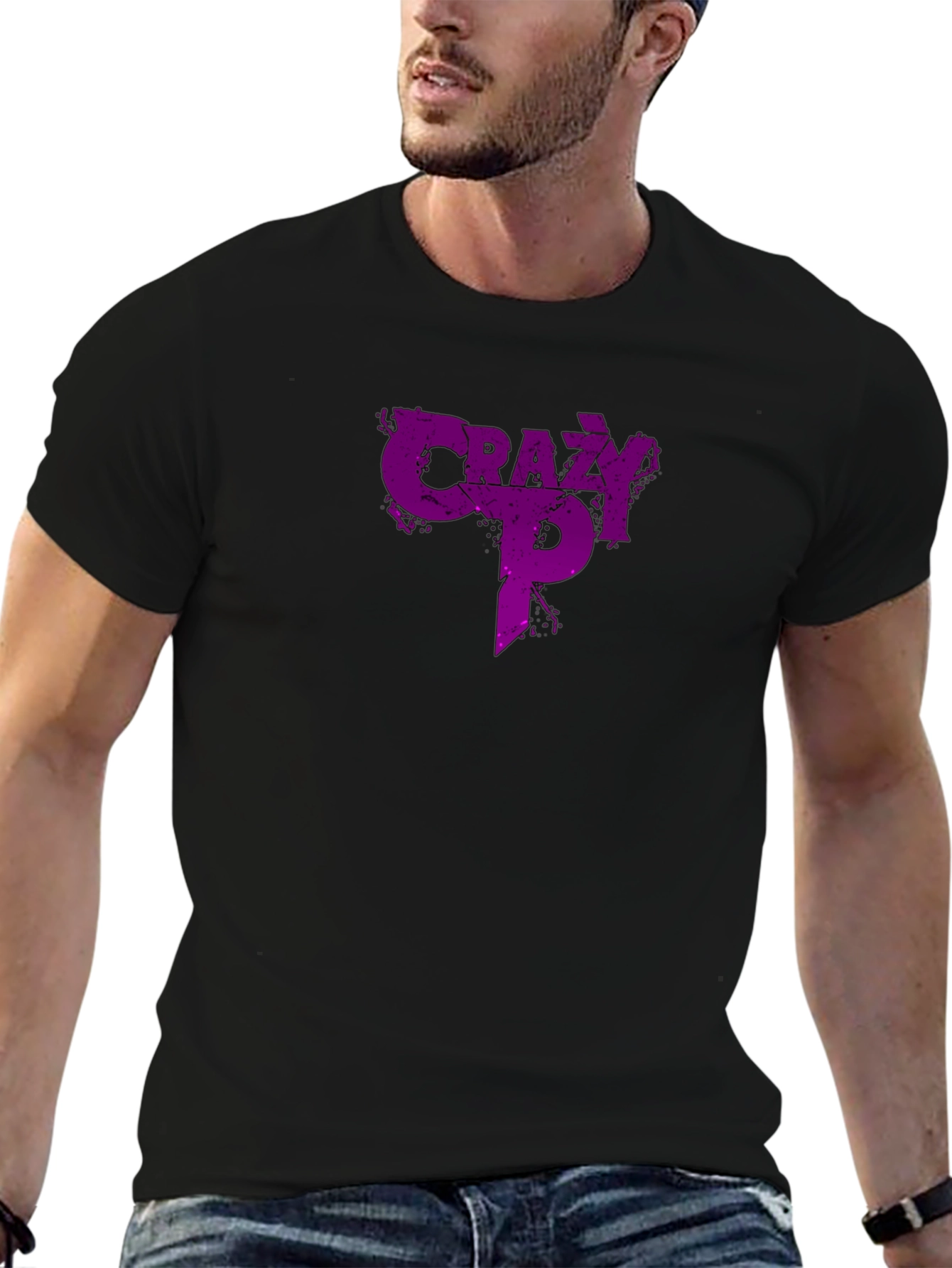 Black Crazy P Graphic T-Shirt - Purple Design on Black view 6