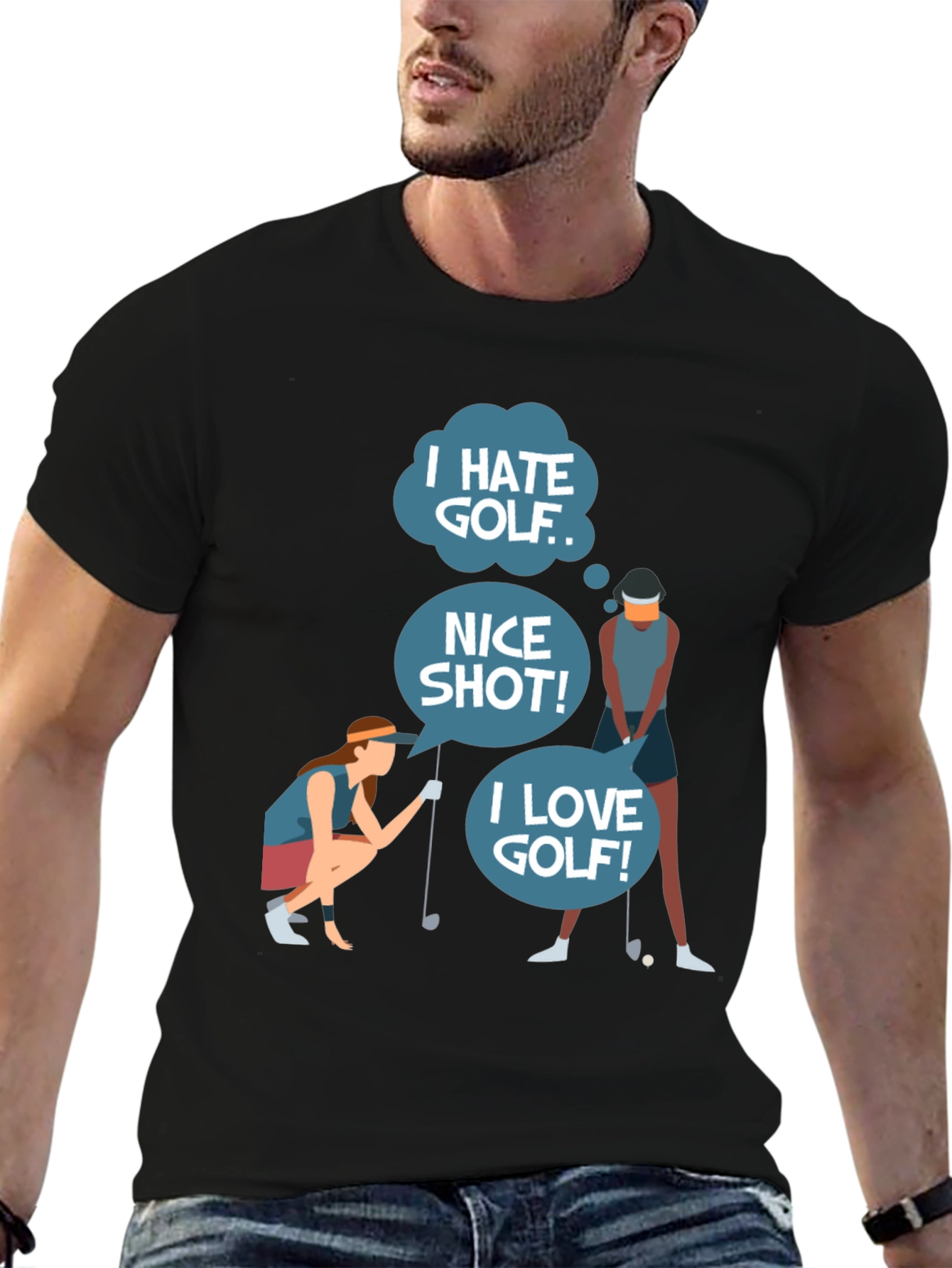 Black Golf Humor Tee: I Hate, Nice Shot, I Love Golf view 6