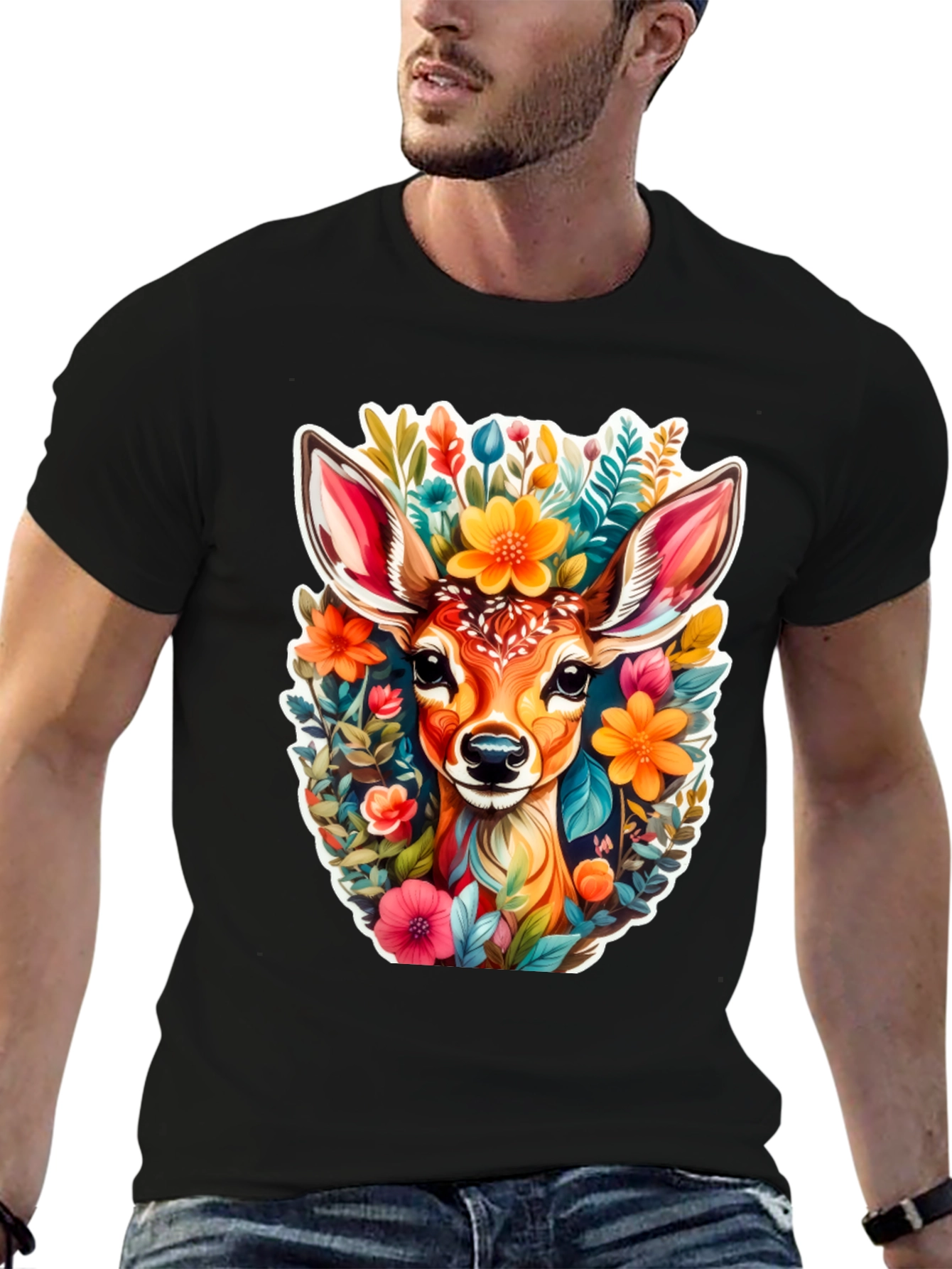 Black Deer & Floral Graphic Tee - Stylish Comfort view 6