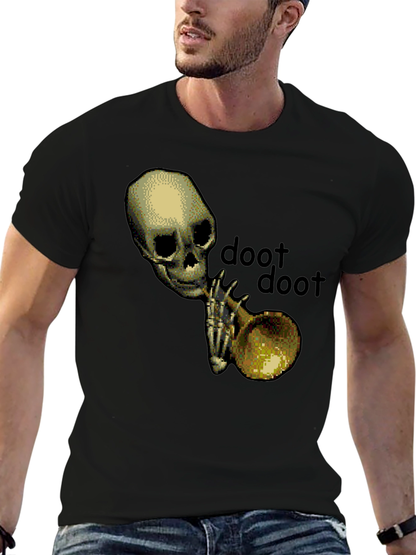 Black Doot Doot Skeleton Trumpet Black T-Shirt view 6