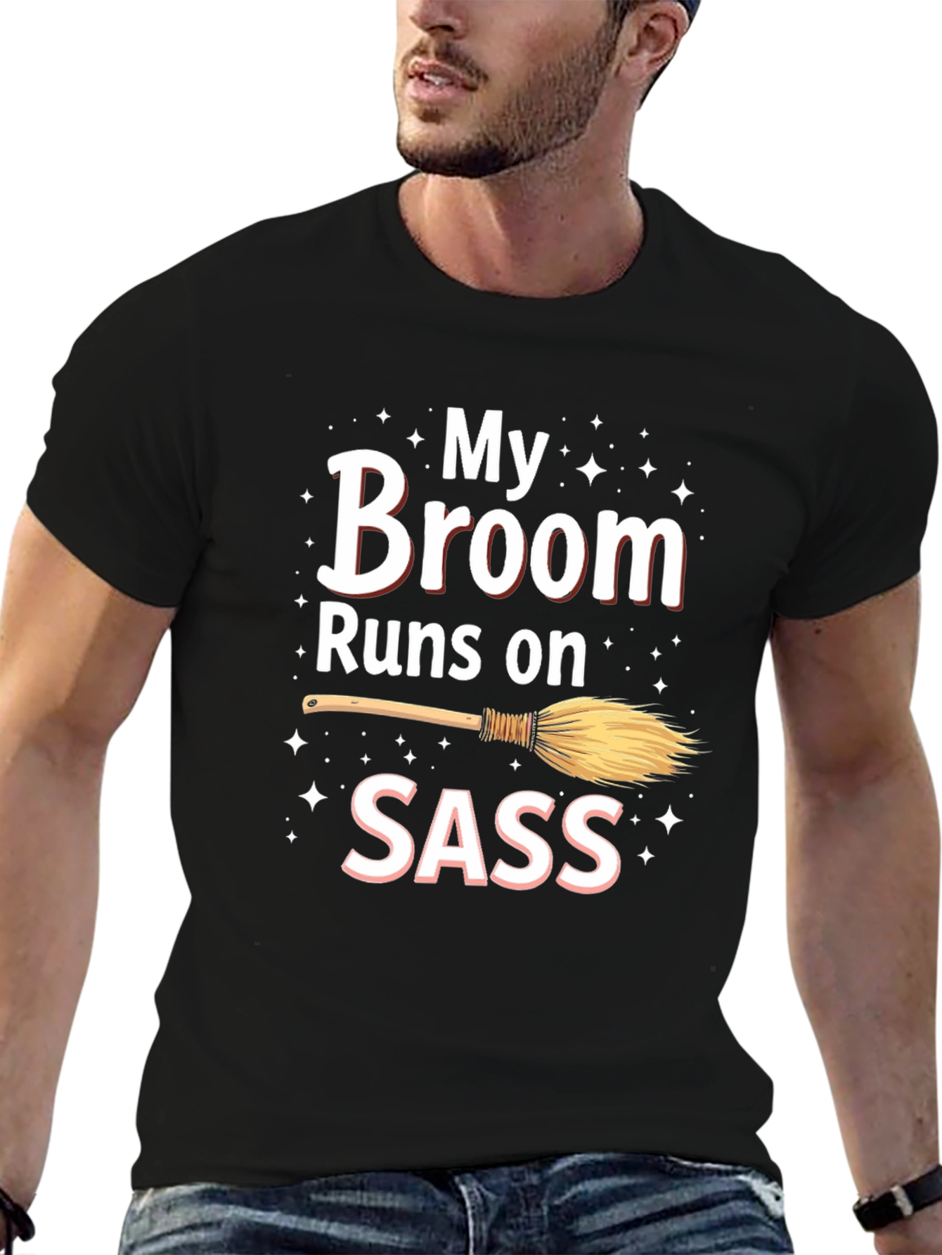 Black My Broom Runs On Sass T-Shirt view 6