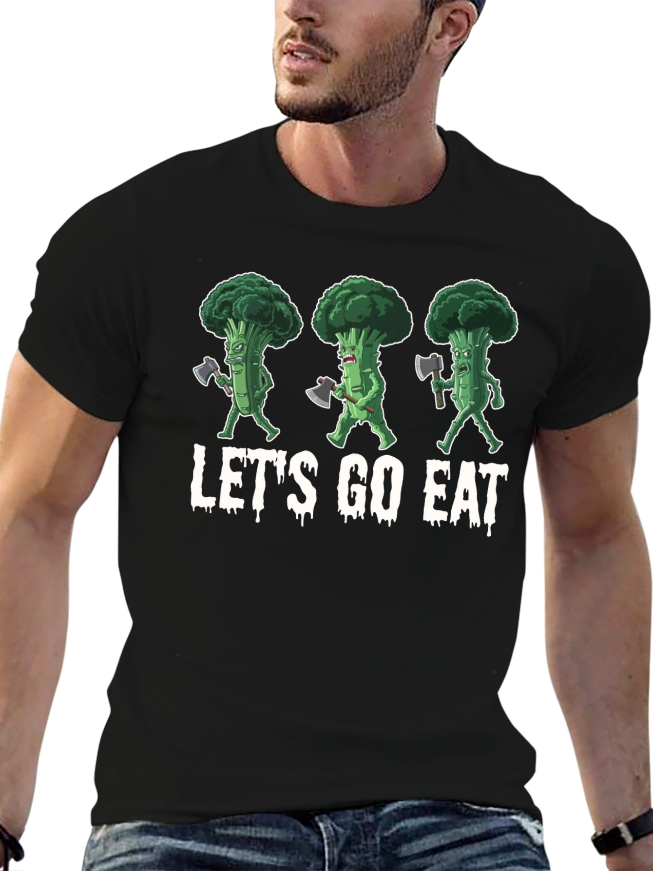 Black Let's Go Eat Broccoli Axe T-Shirt view 6