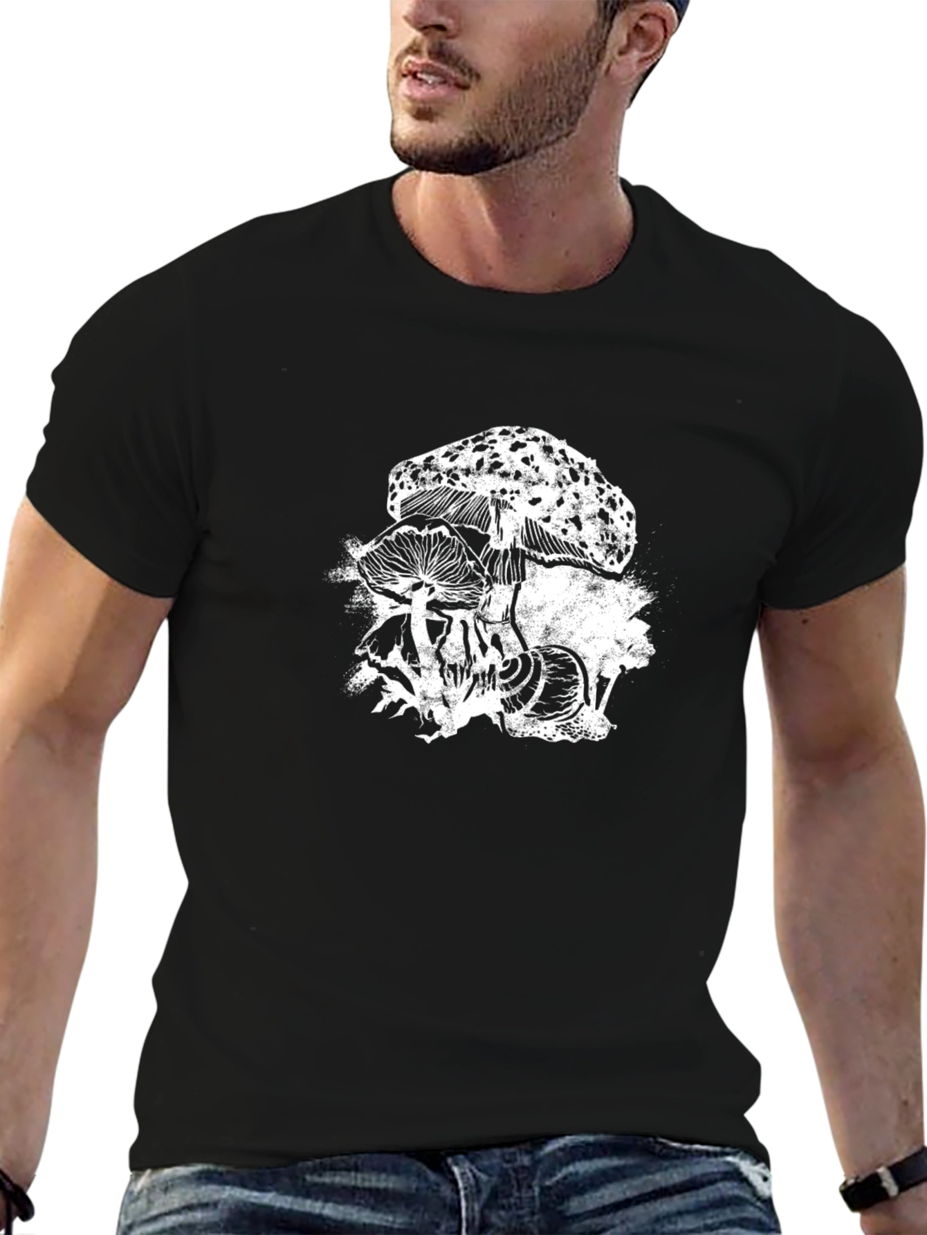Black Mushroom Skull Graphic Tee - Black Cotton T-Shirt view 6