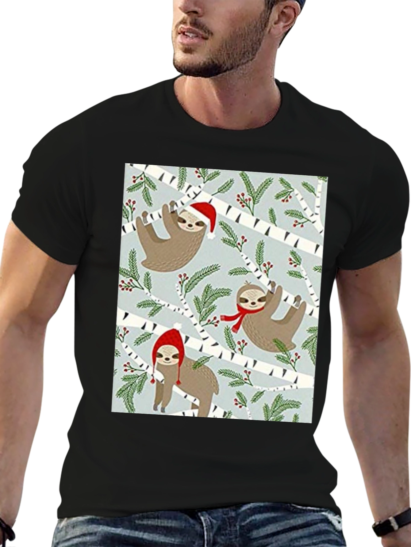Black Festive Sloth Christmas T-Shirt view 6