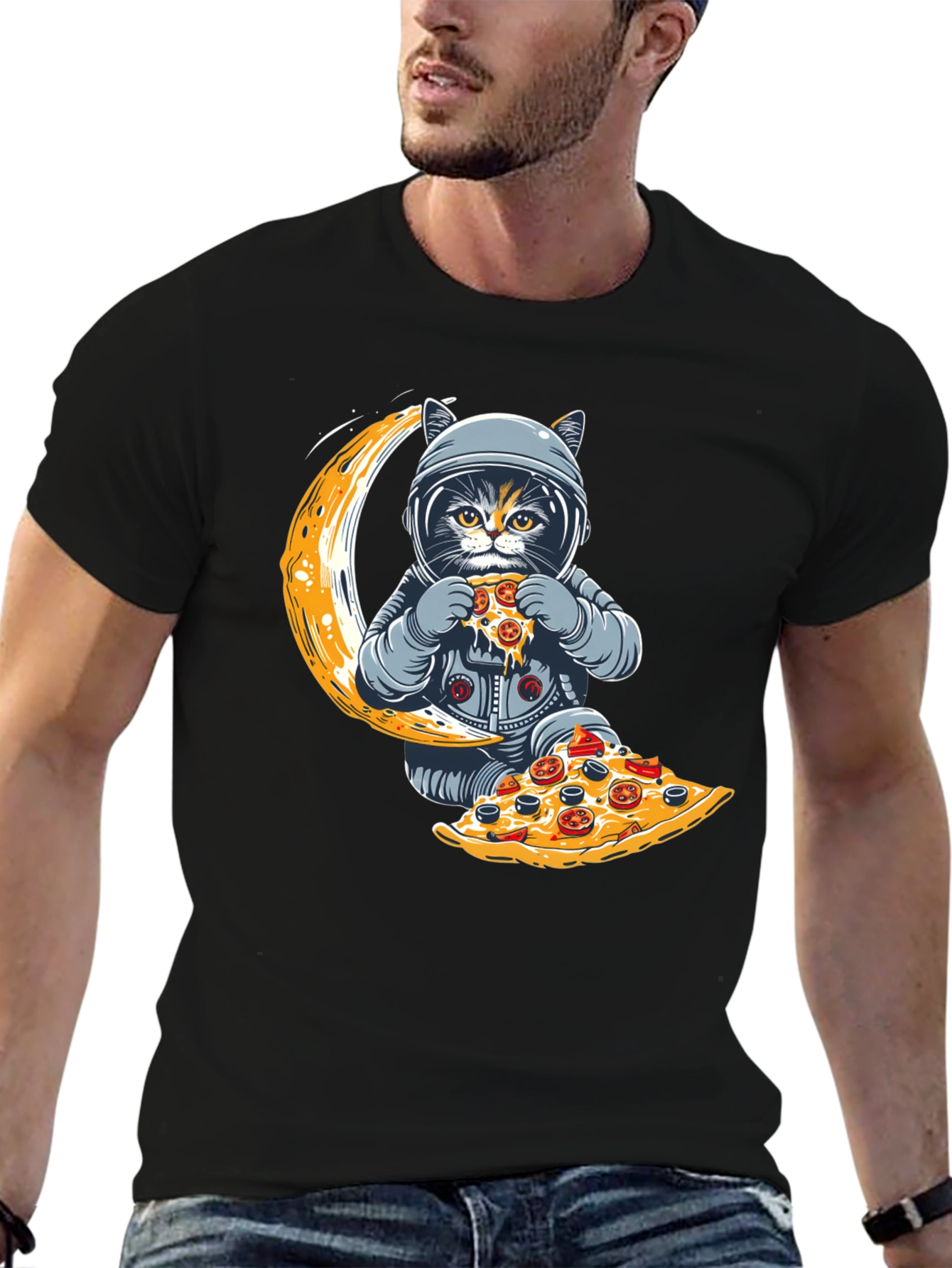 Black Astronaut Cat Pizza Moon T-Shirt view 6