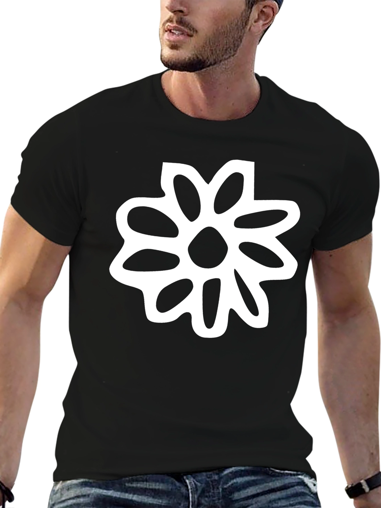 Black Black T-Shirt with White Flower Graphic view 6