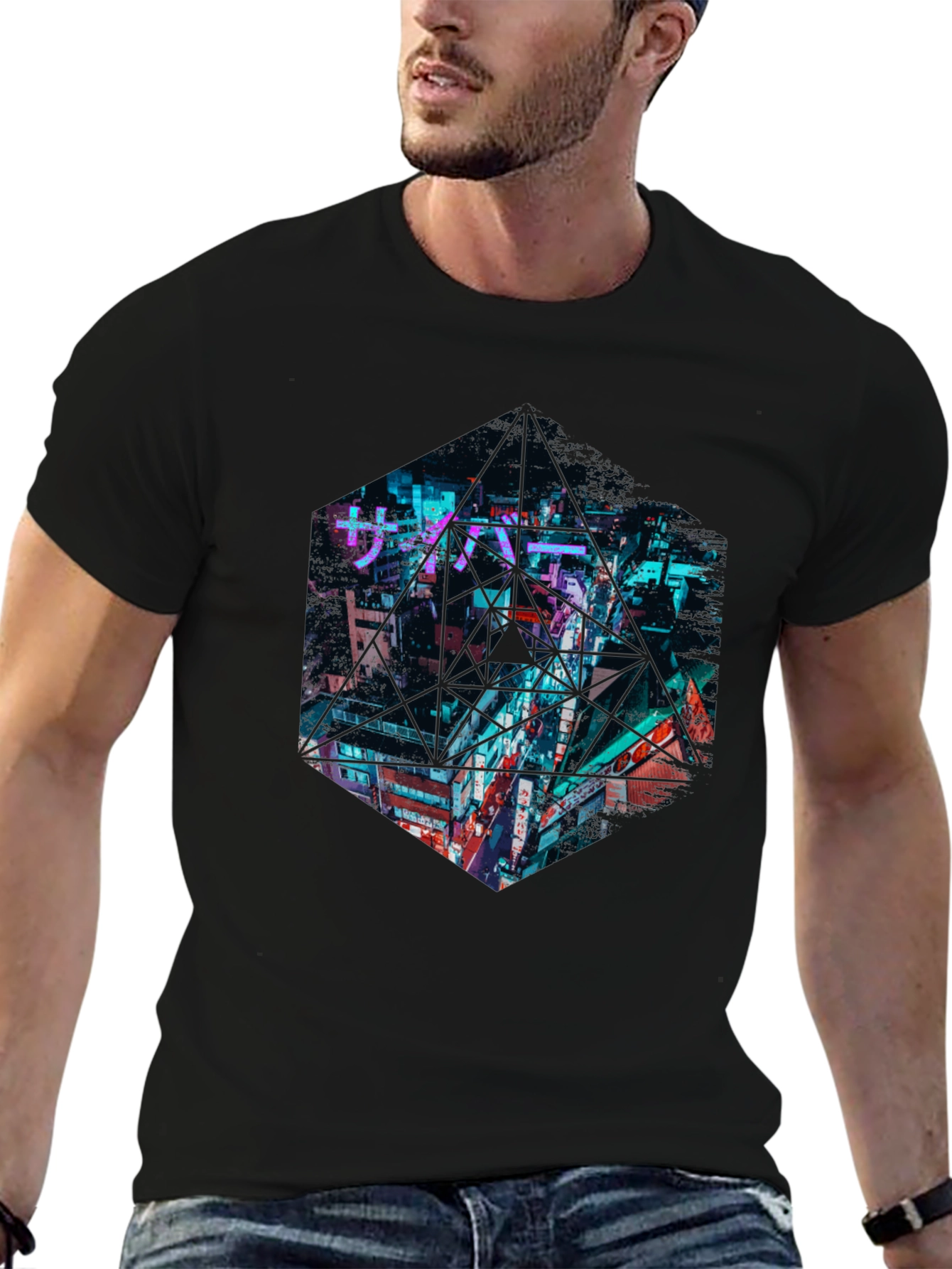 Black Cyberpunk Cityscape Graphic Tee - Urban Style view 6