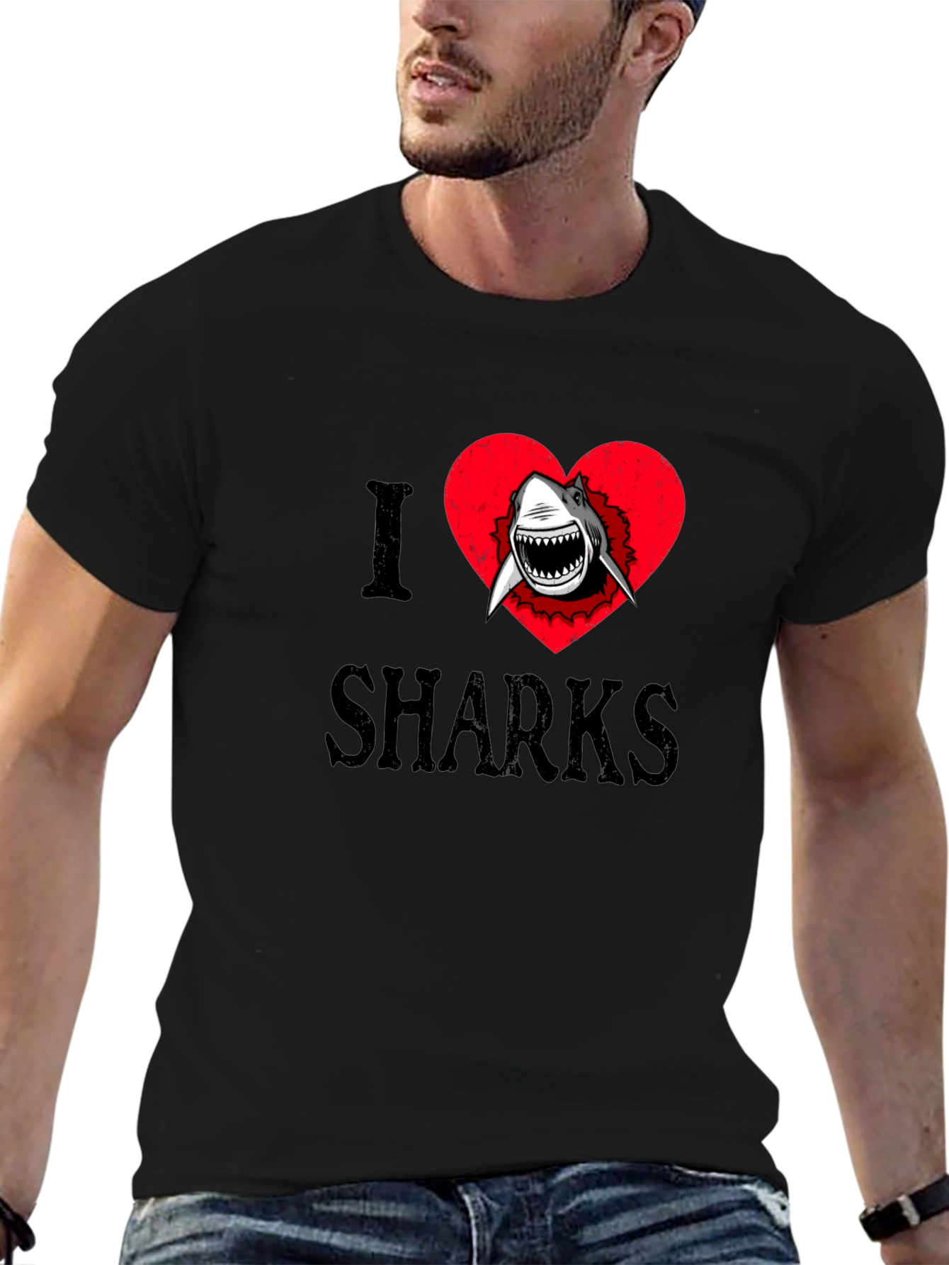 Black I Heart Sharks Graphic Tee - Black Cotton T-Shirt view 6