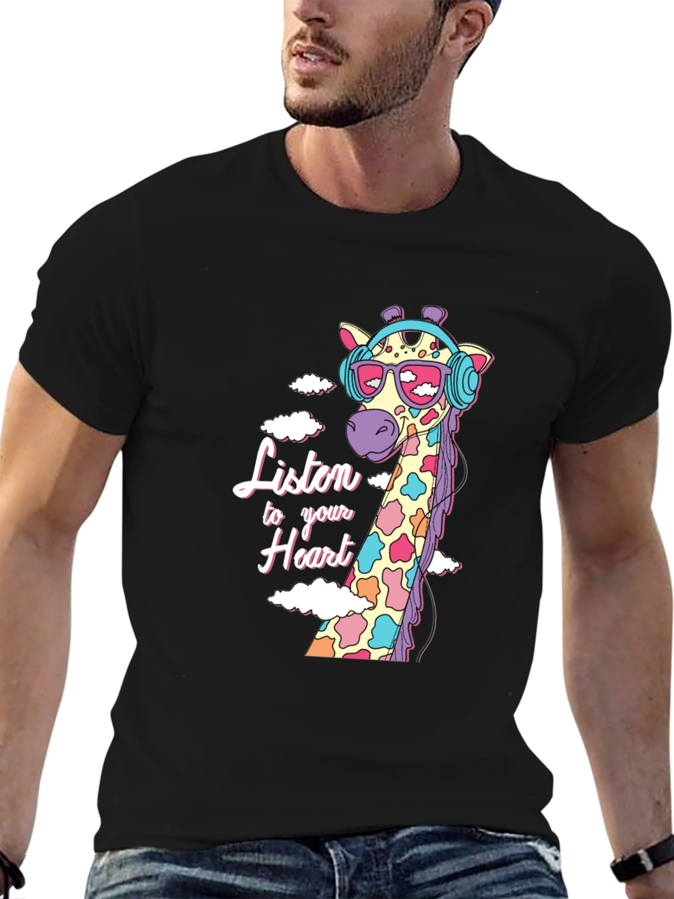 Black Cool Giraffe T-Shirt - Listen to Your Heart view 6