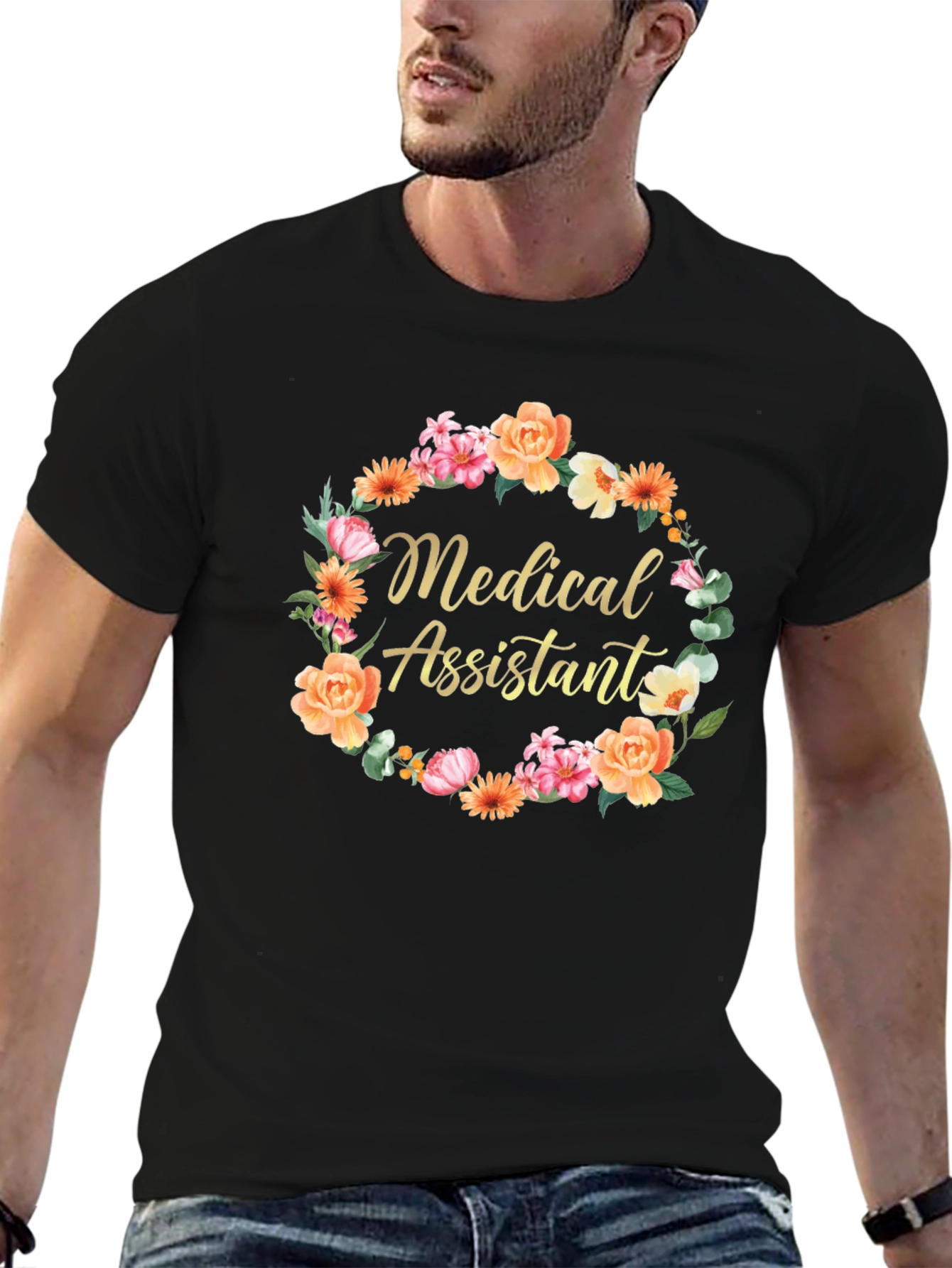 Black Medical Assistant Floral Wreath T-Shirt view 6