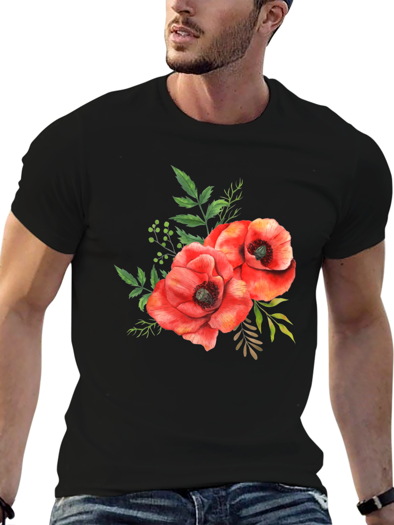 Black Floral Poppy T-Shirt - Black Cotton Tee view 6