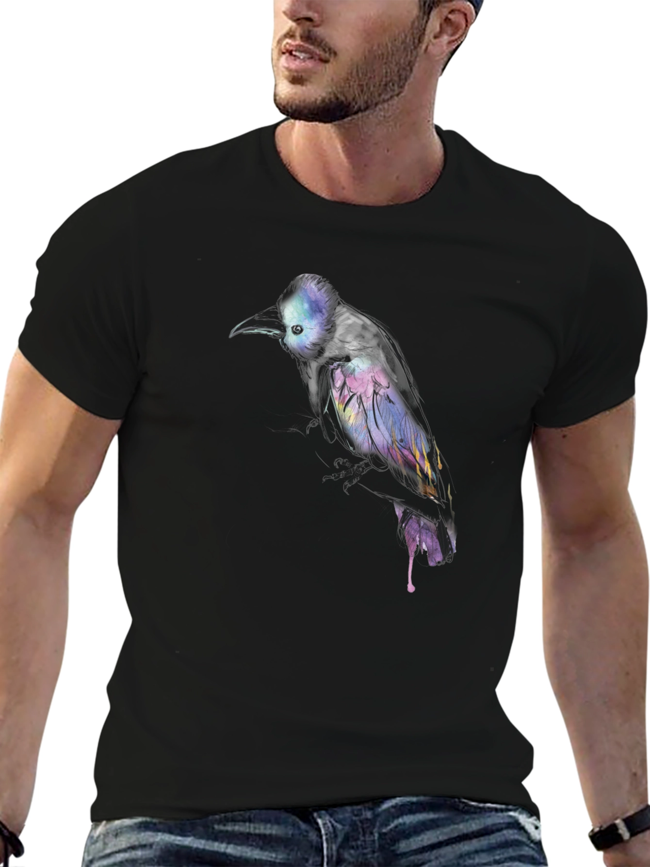 Black Abstract Bird Print Black T-Shirt view 6