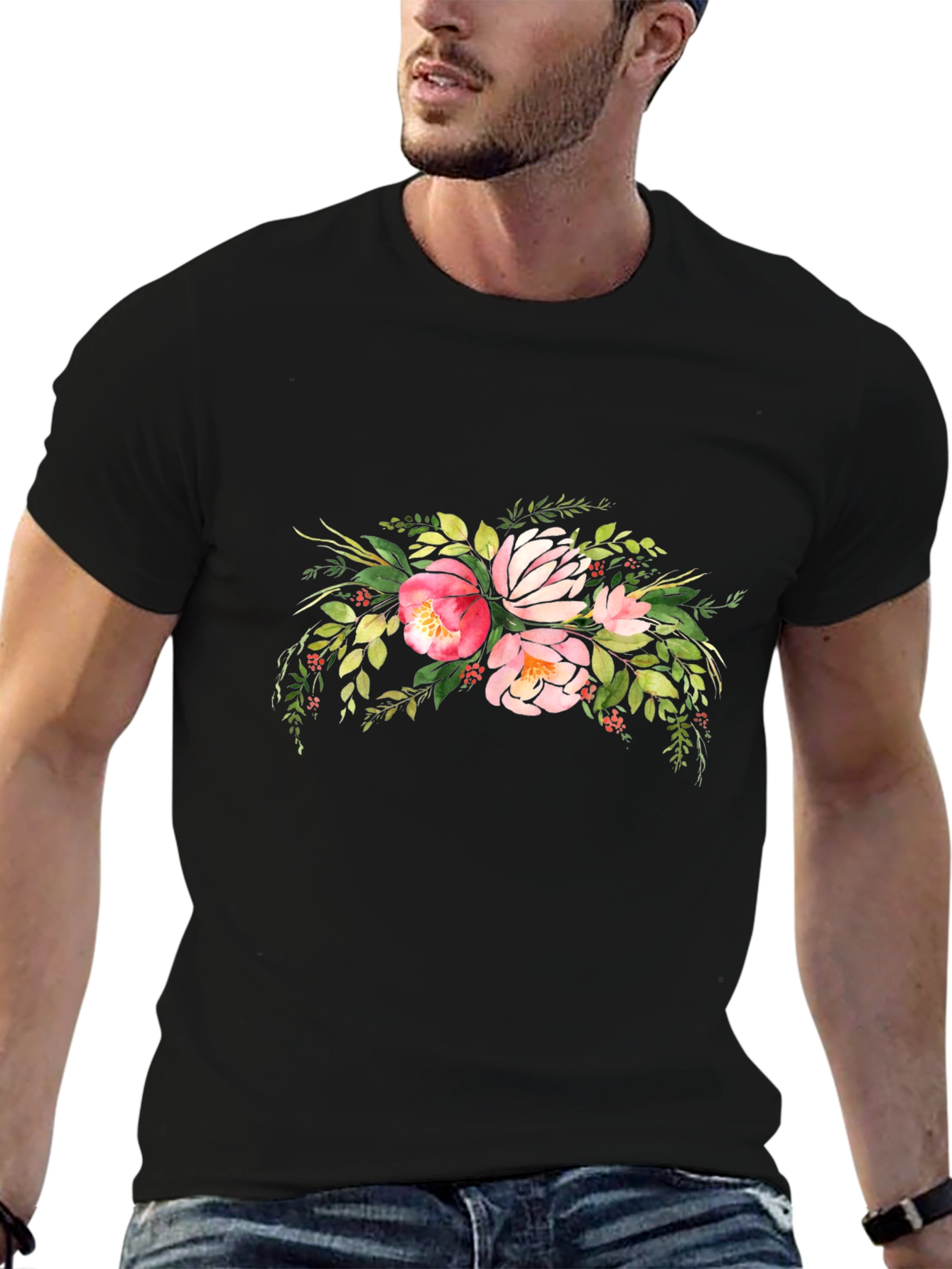 Black Floral Bouquet Graphic Black T-Shirt view 6