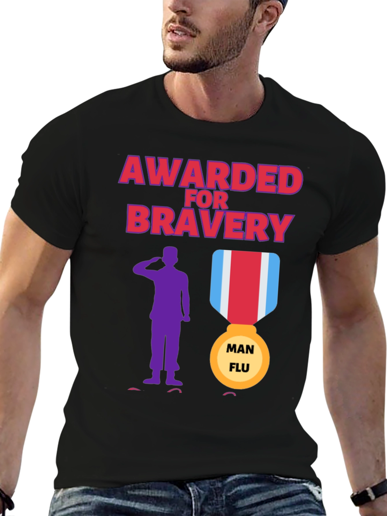 Black Awarded for Bravery T-Shirt - Man Flu Medal view 6