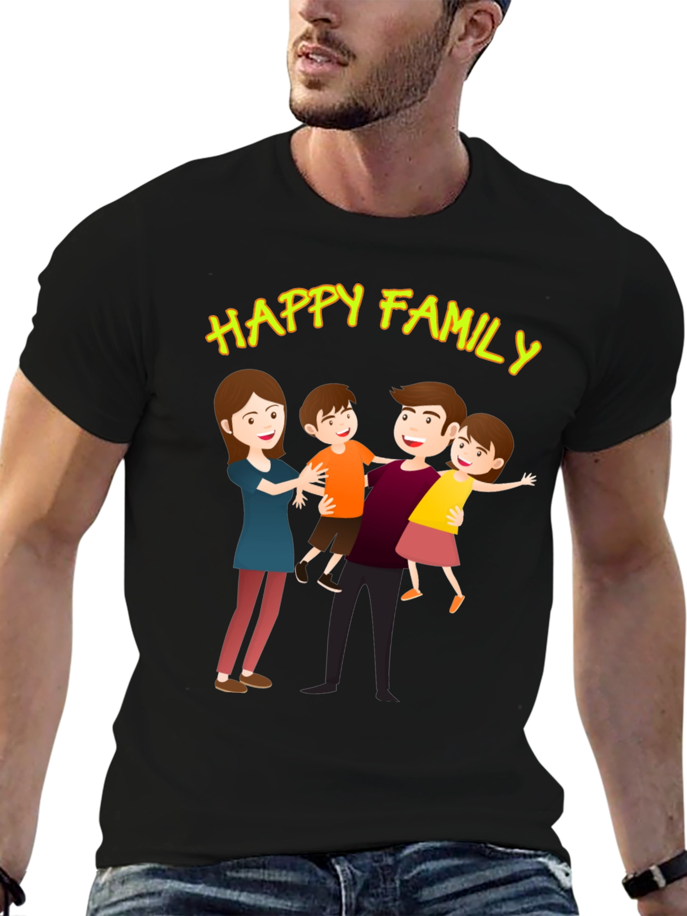 Black Happy Family Graphic Tee - Black Cotton Blend view 6