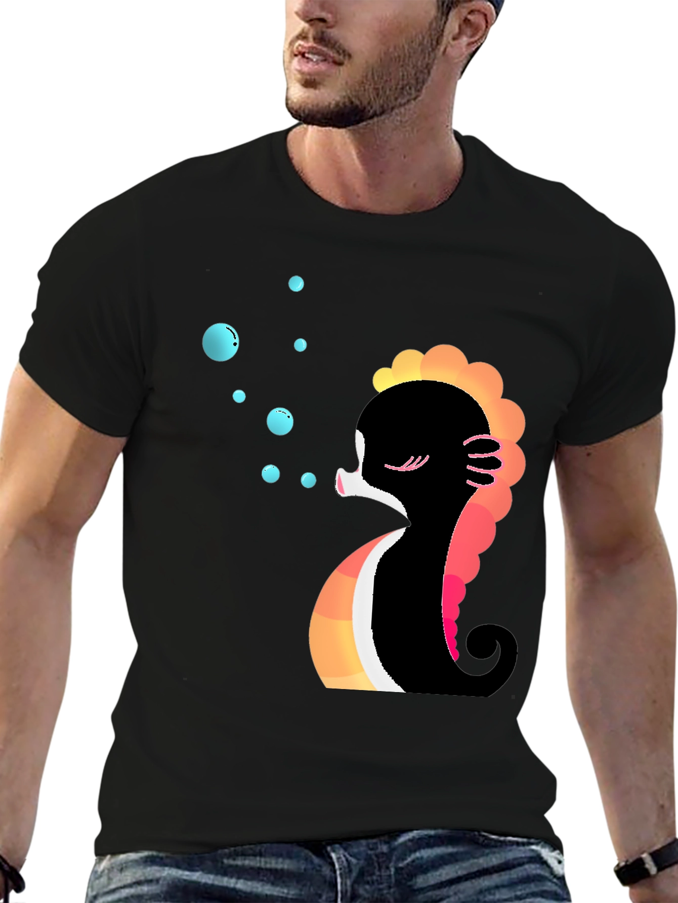 Black Cute Seahorse Bubbles Graphic Tee view 6