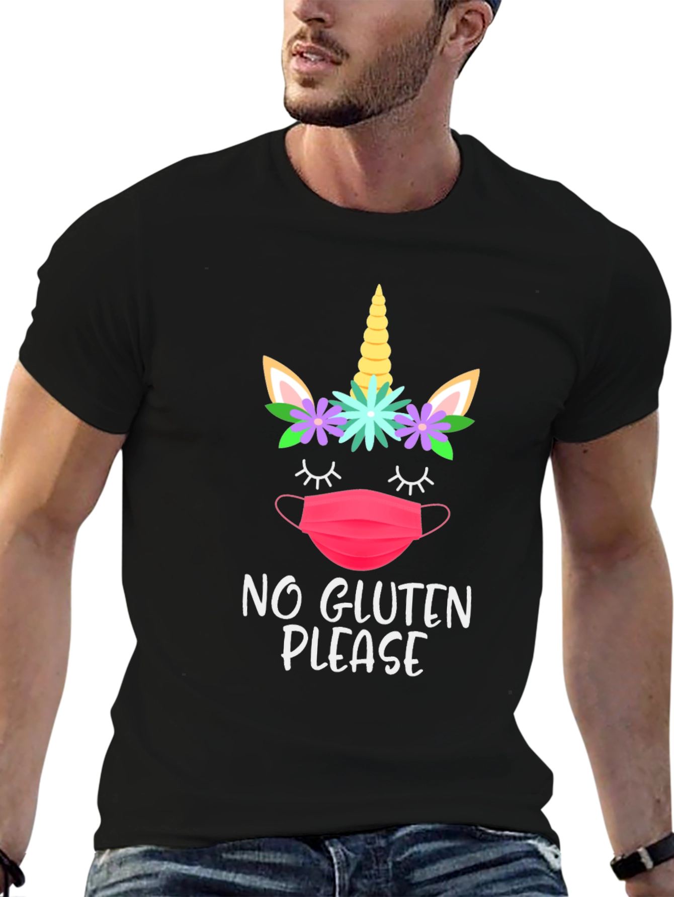 Black No Gluten Please Unicorn Face Mask T-Shirt view 6